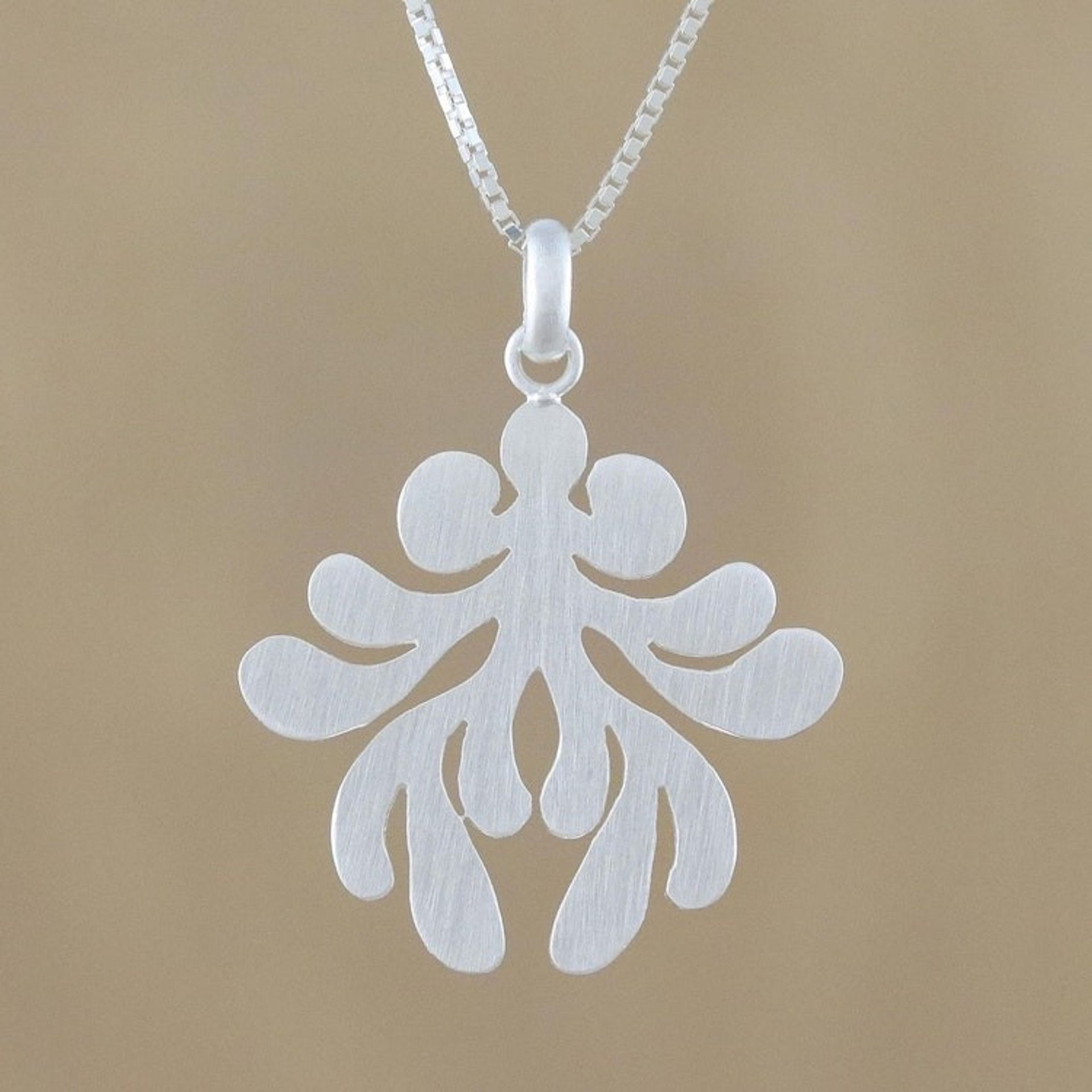 Brushed-Satin Sterling Silver Pendant Necklace from Thailand 'Symmetric Fern'