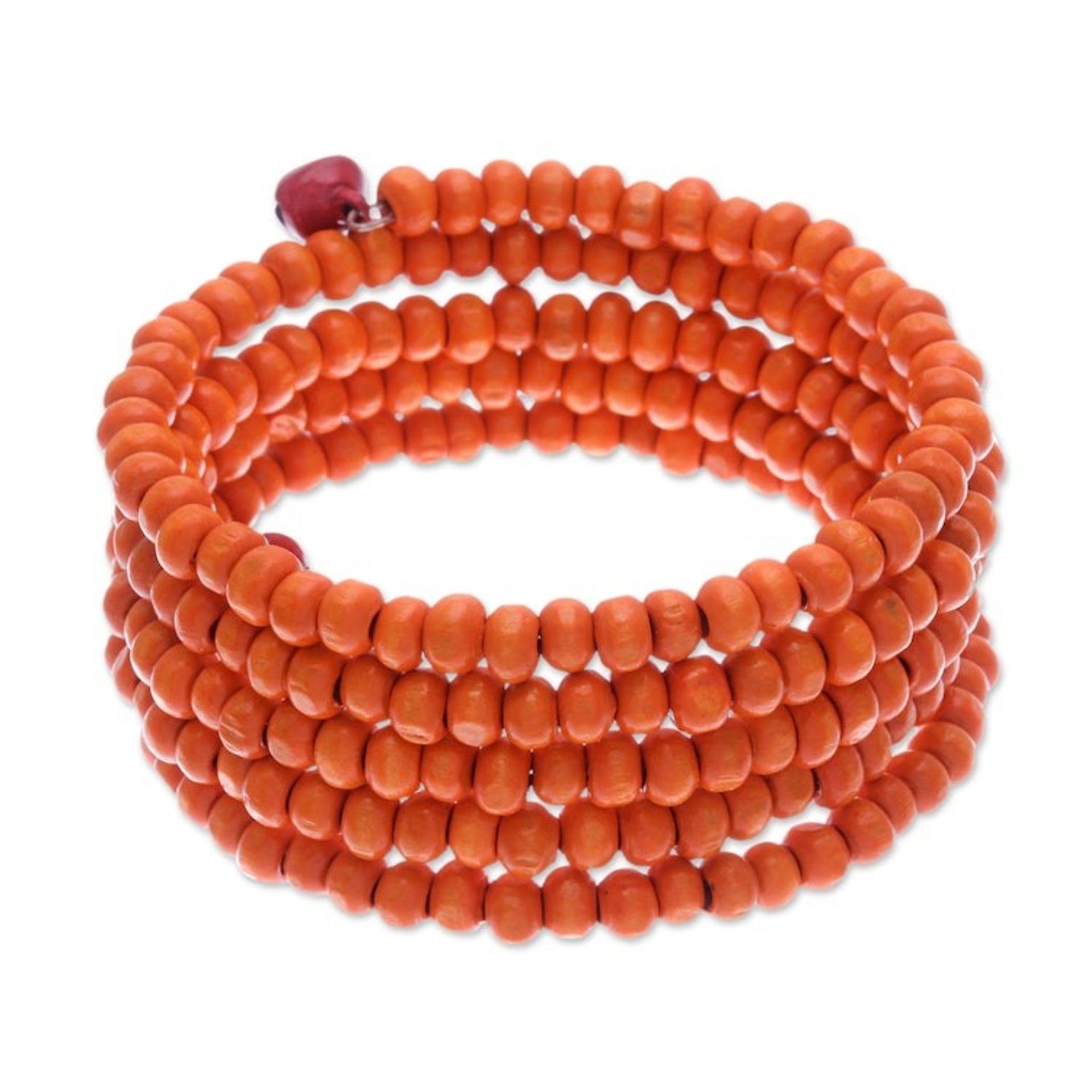 Orange Beaded Wood Wrap Bracelet with Bells 1 In 'Tangerine Spin'