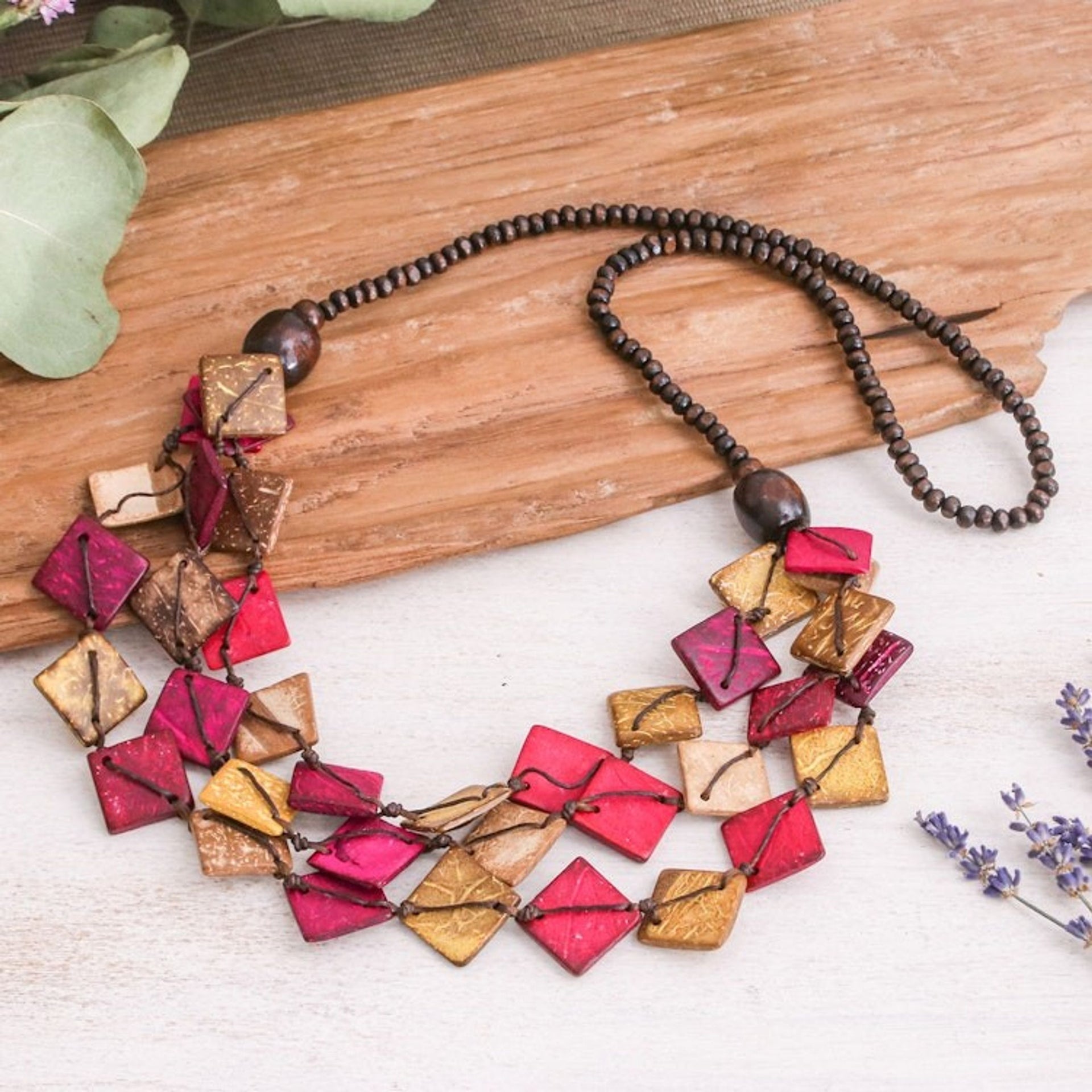 Pink and Golden Coconut Shell Beaded Strand Necklace 'Tender Diamonds'