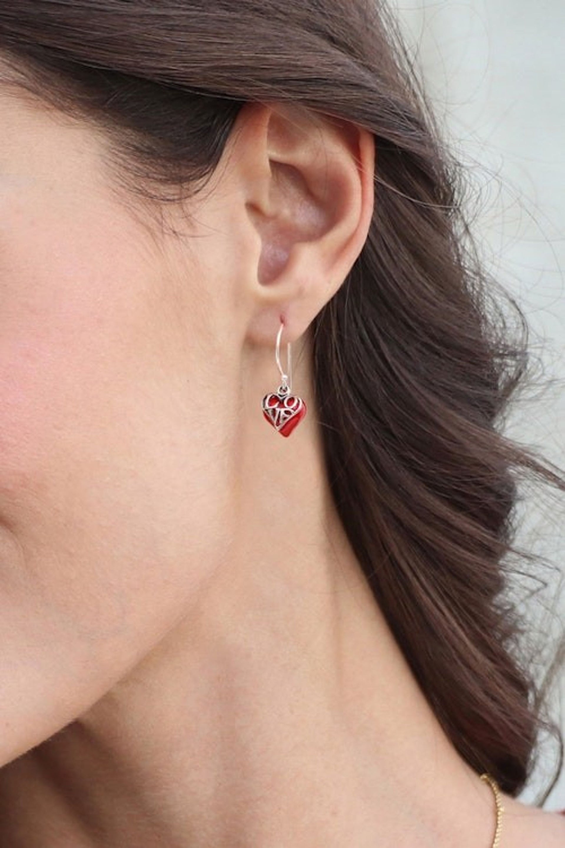 Heart-Themed Vitreous Enamel Sterling Silver Dangle Earrings 'Hearts Run Free'
