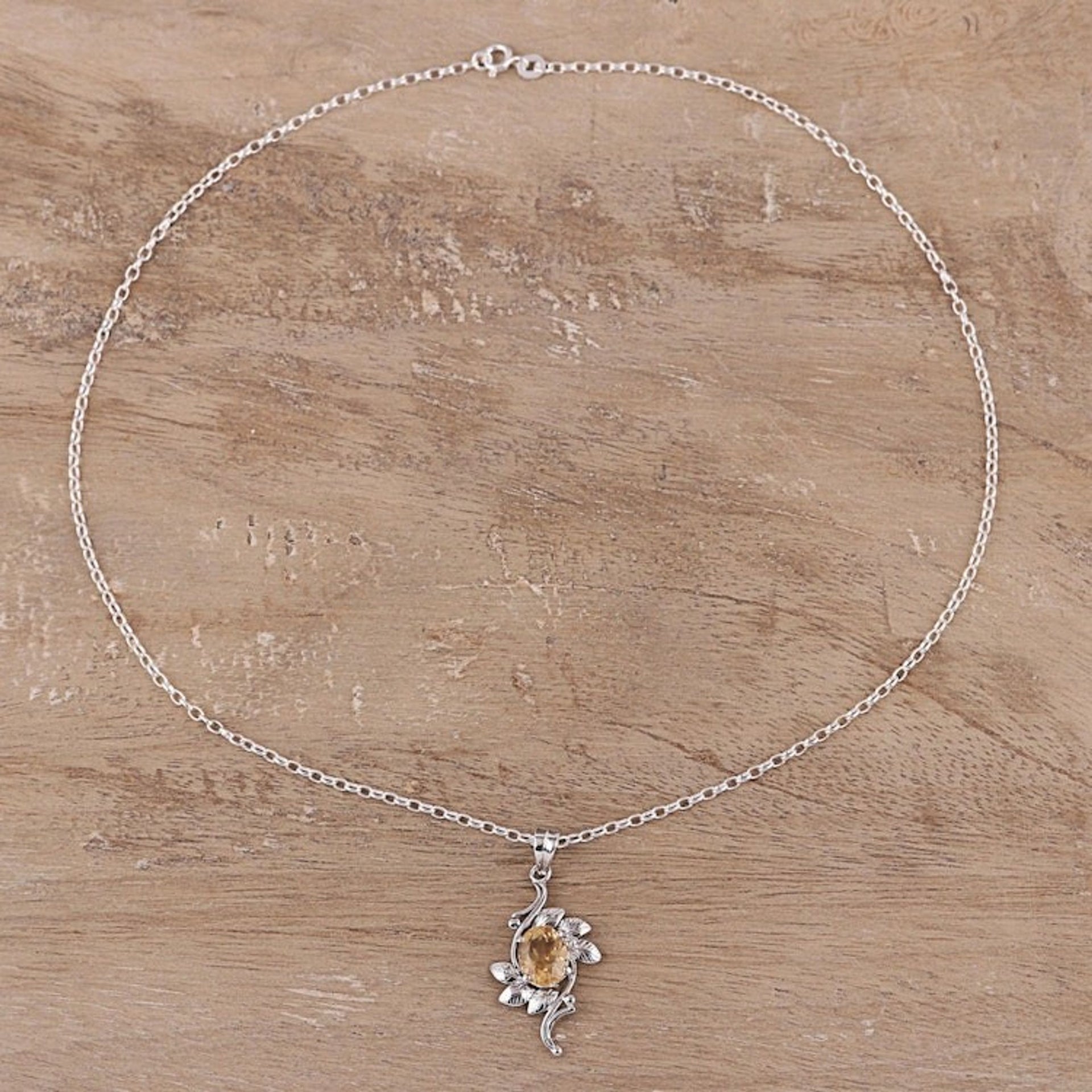 Leaf Motif Rhodium Plated Citrine Pendat Necklace from India 'Forest Radiance'