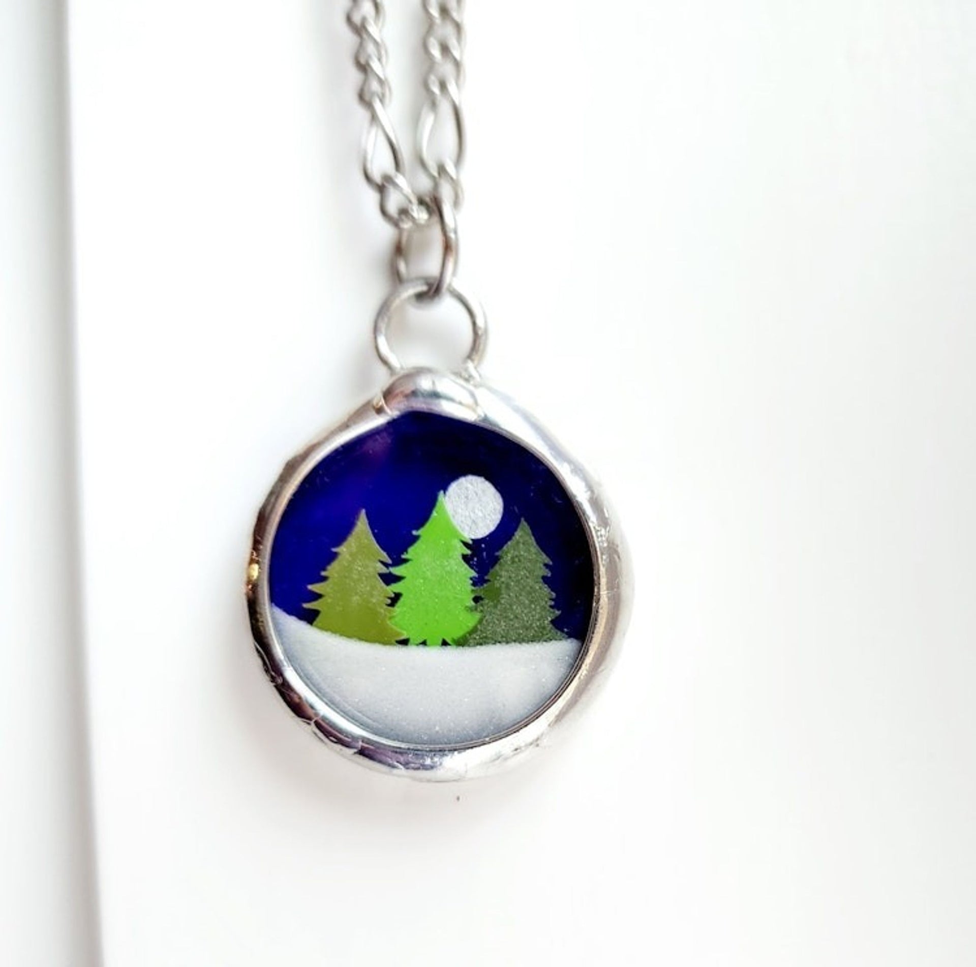 Winter Forest Snow Globe Glass Pendant, Fidget Shaker Necklace