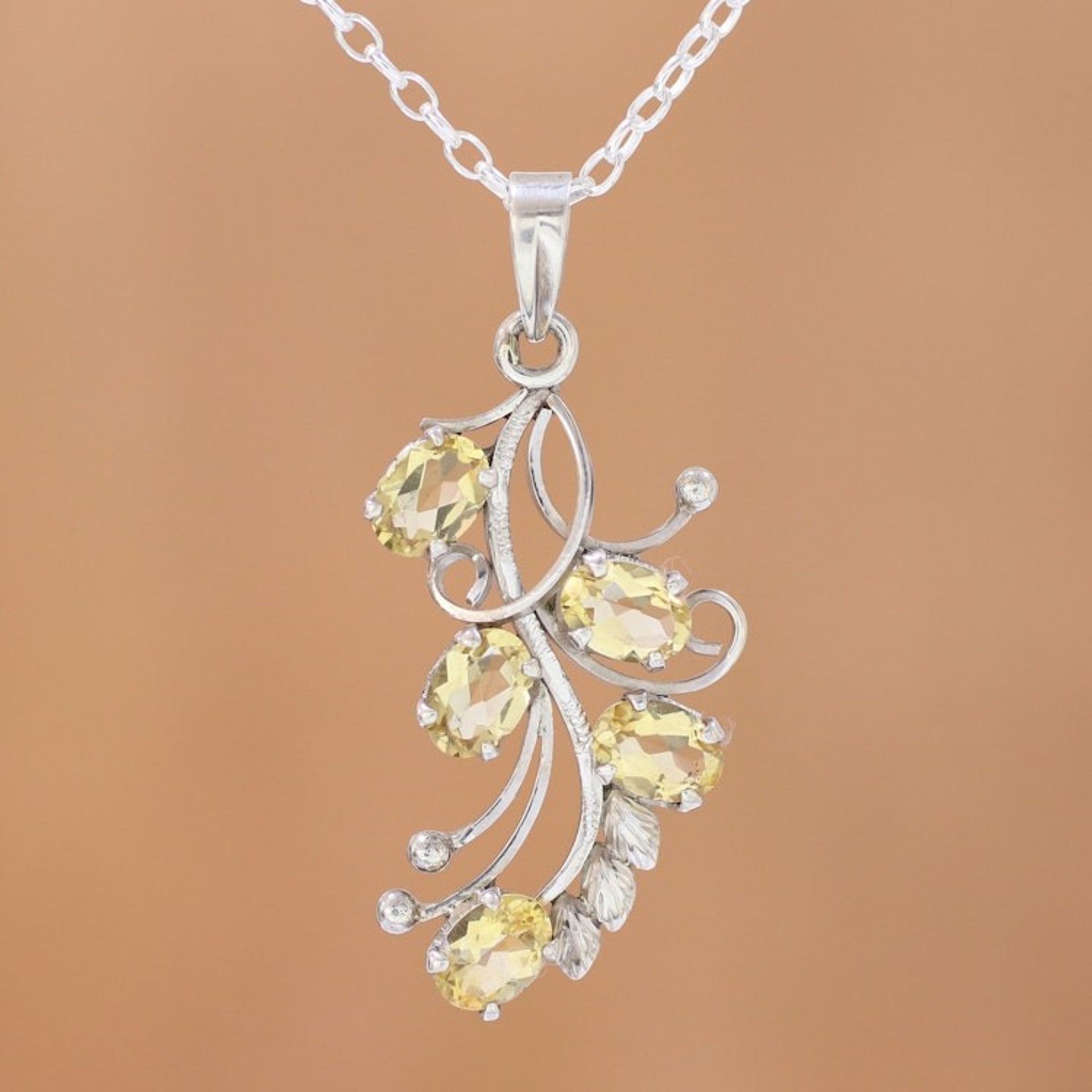 Handcrafted Rhodium Plated Citrine Pendant Necklace 'Shimmering Blossoms'