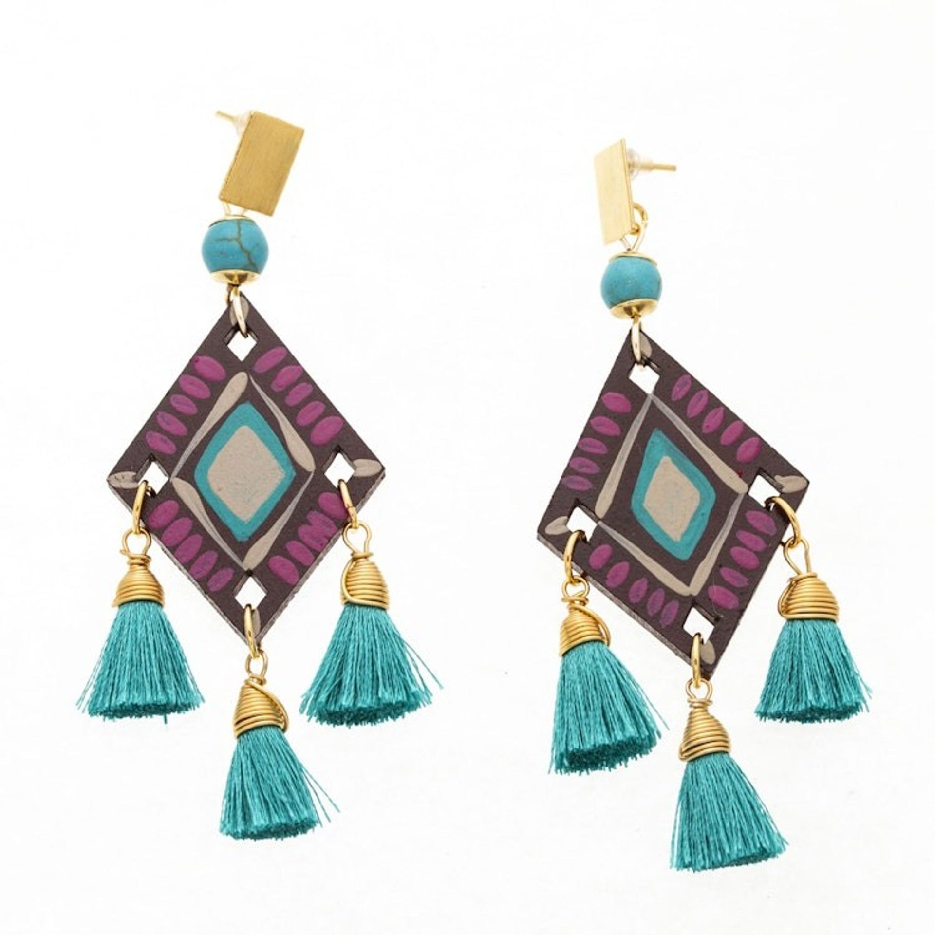 Folk Art Chandelier Earrings with Recon Turquoise Jewels 'Lagoon Princess'