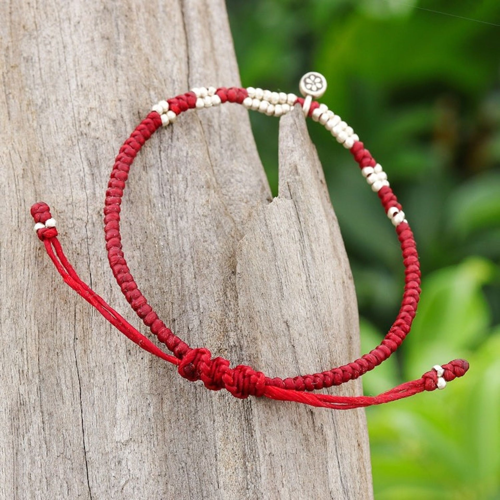 Thai Silver Pendant Beaded Macrame Bracelet in Red 'Petite Flower in Red'