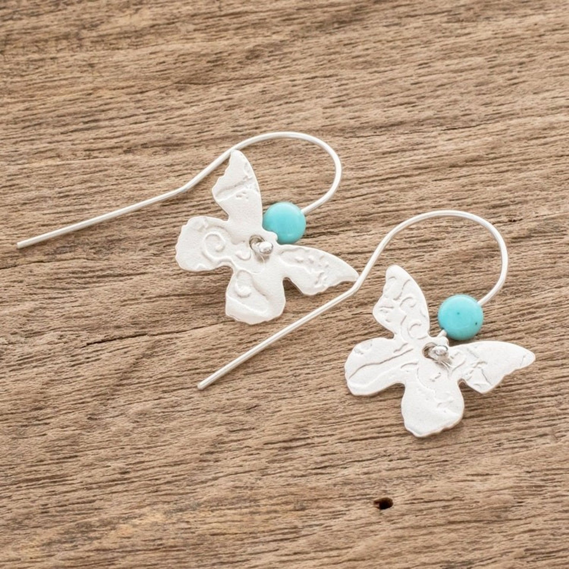 Sterling Silver and Recon Turquoise Butterfly Drop Earrings 'Butterfly Texture'