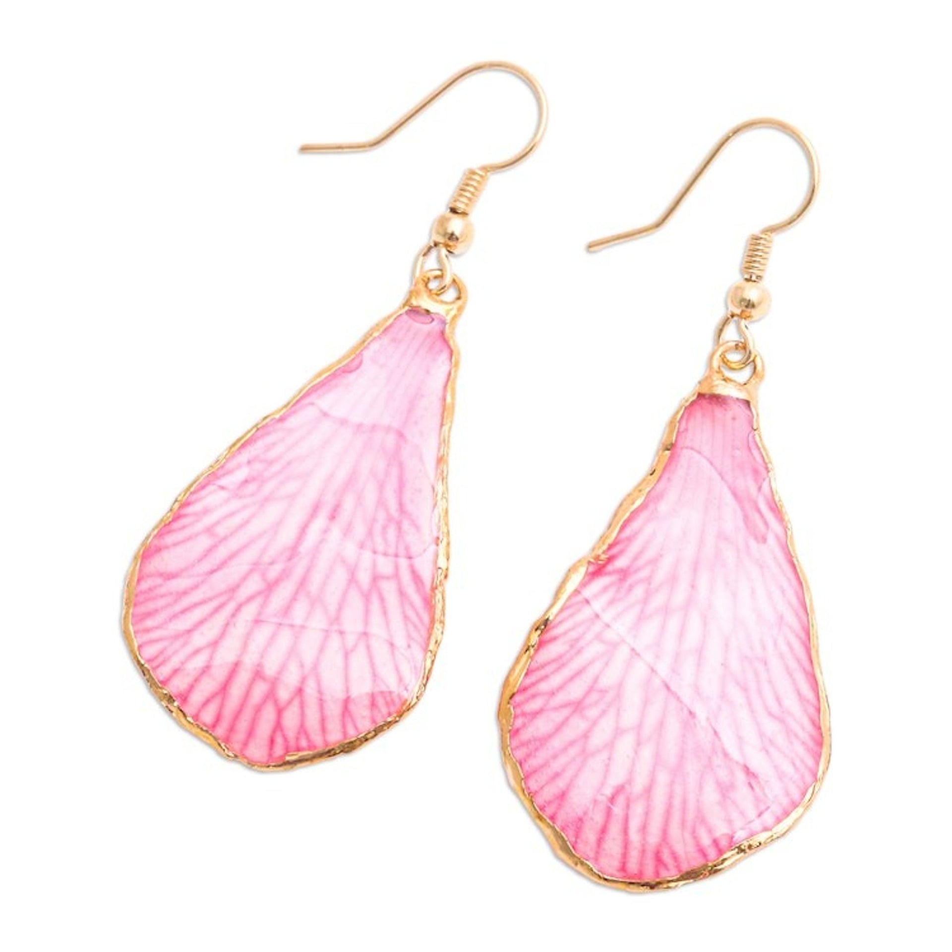Soft-Pink Petal-Themed 22k Gold-Accented Dangle Earrings 'Dulcet Petal'