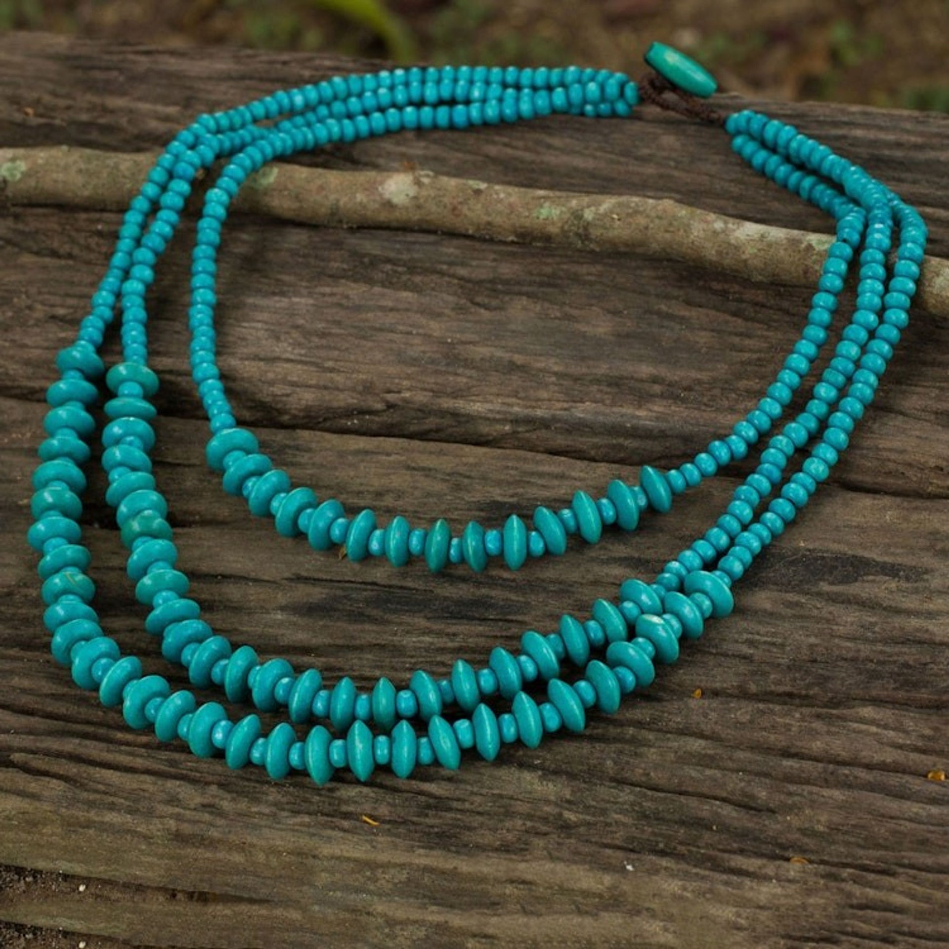 Blue Beaded Wood Waterfall Necklace Artisan Crafted Jewelry 'Happy Blue'
