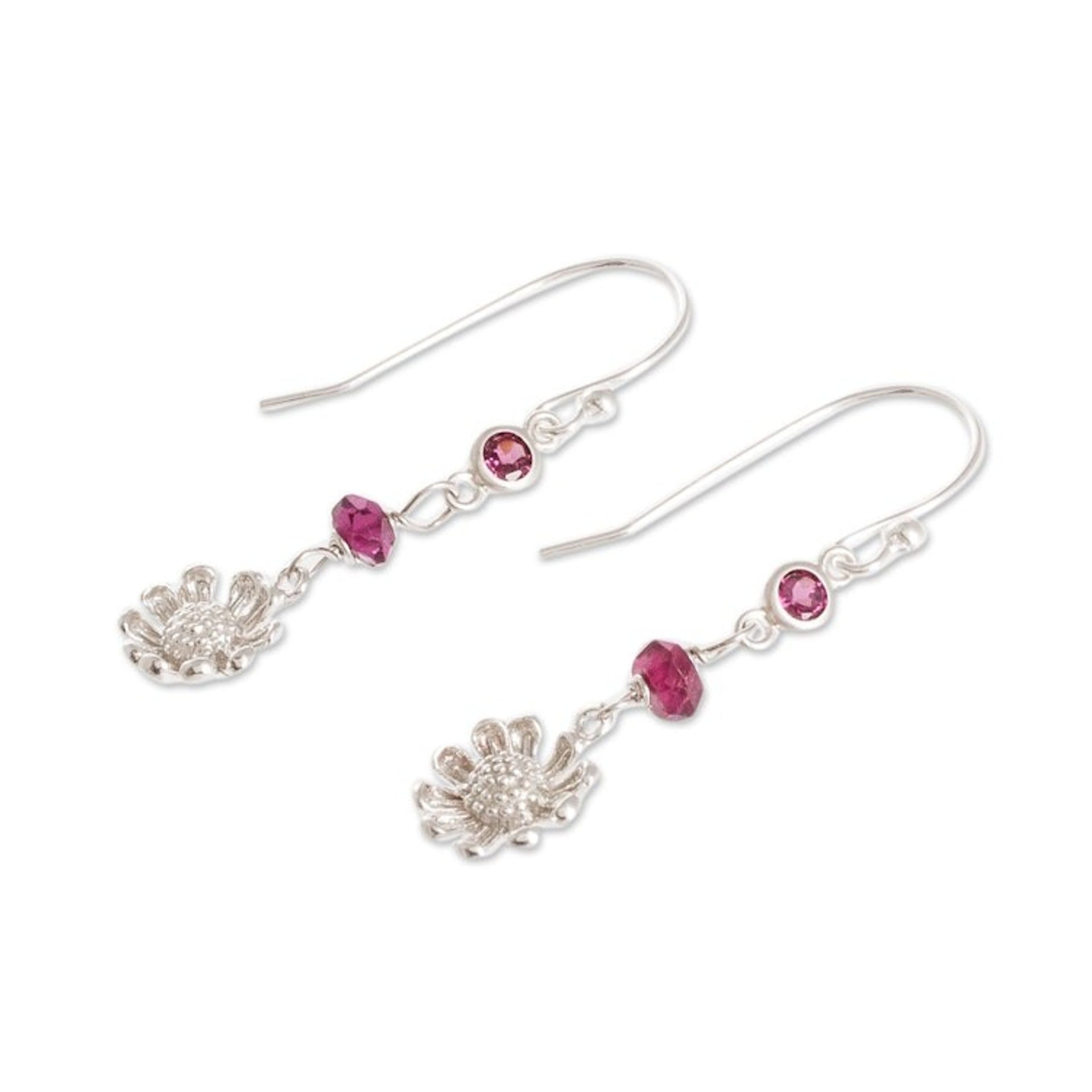 Crystal Beaded Sterling Silver Floral Dangle Earrings 'Burgundy Daisies'