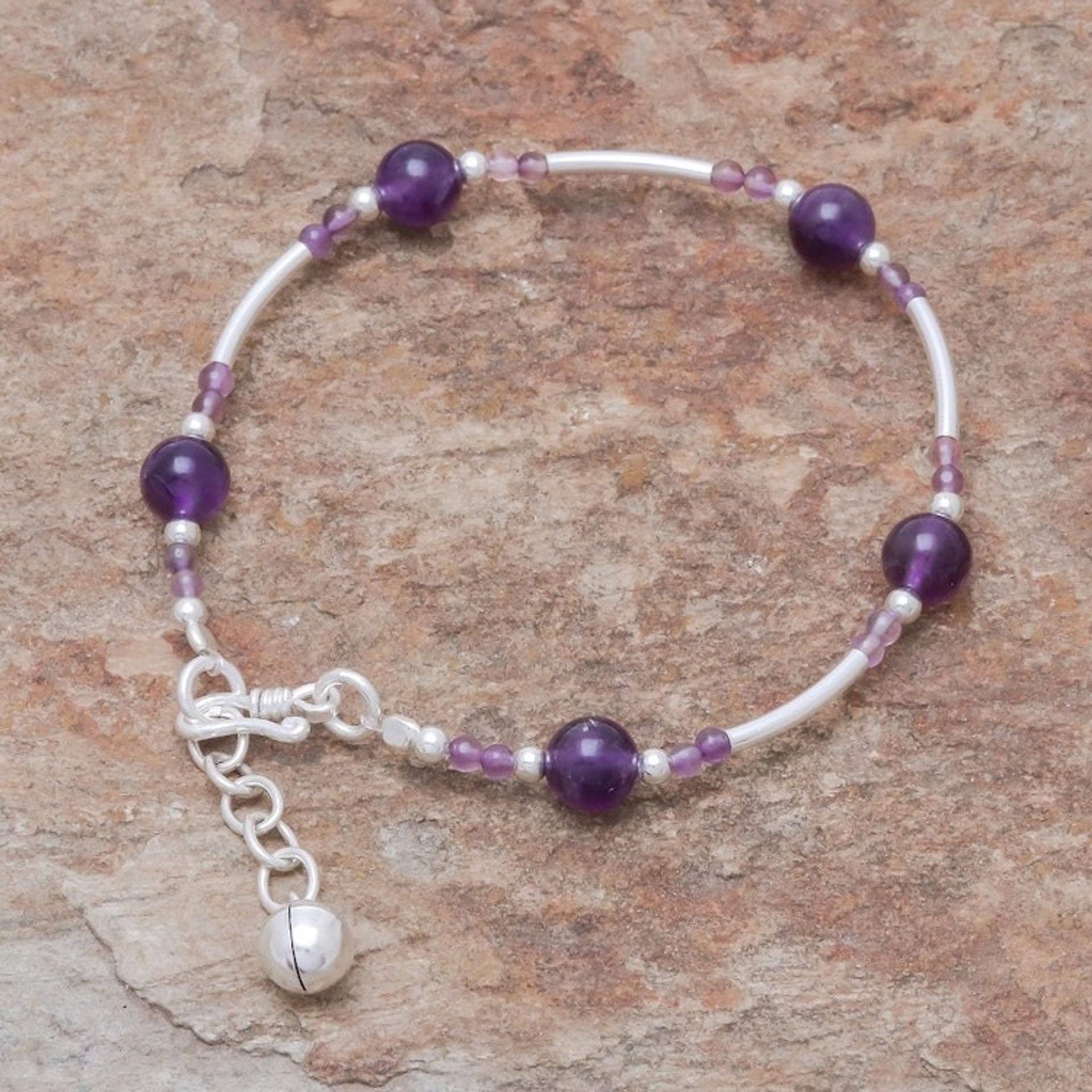 Amethyst Beaded Bracelet with a Bell Charm from Thailan 'Violet Sound'