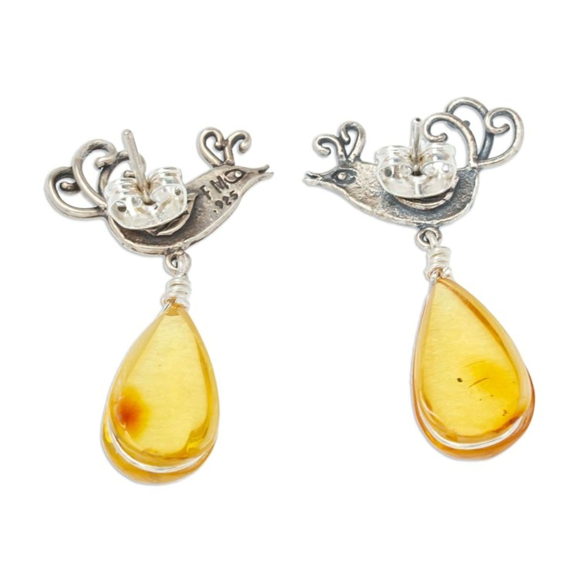 Mexican Sterling Silver Bird Earrings with Amber Droplets 'Flirty Birds'