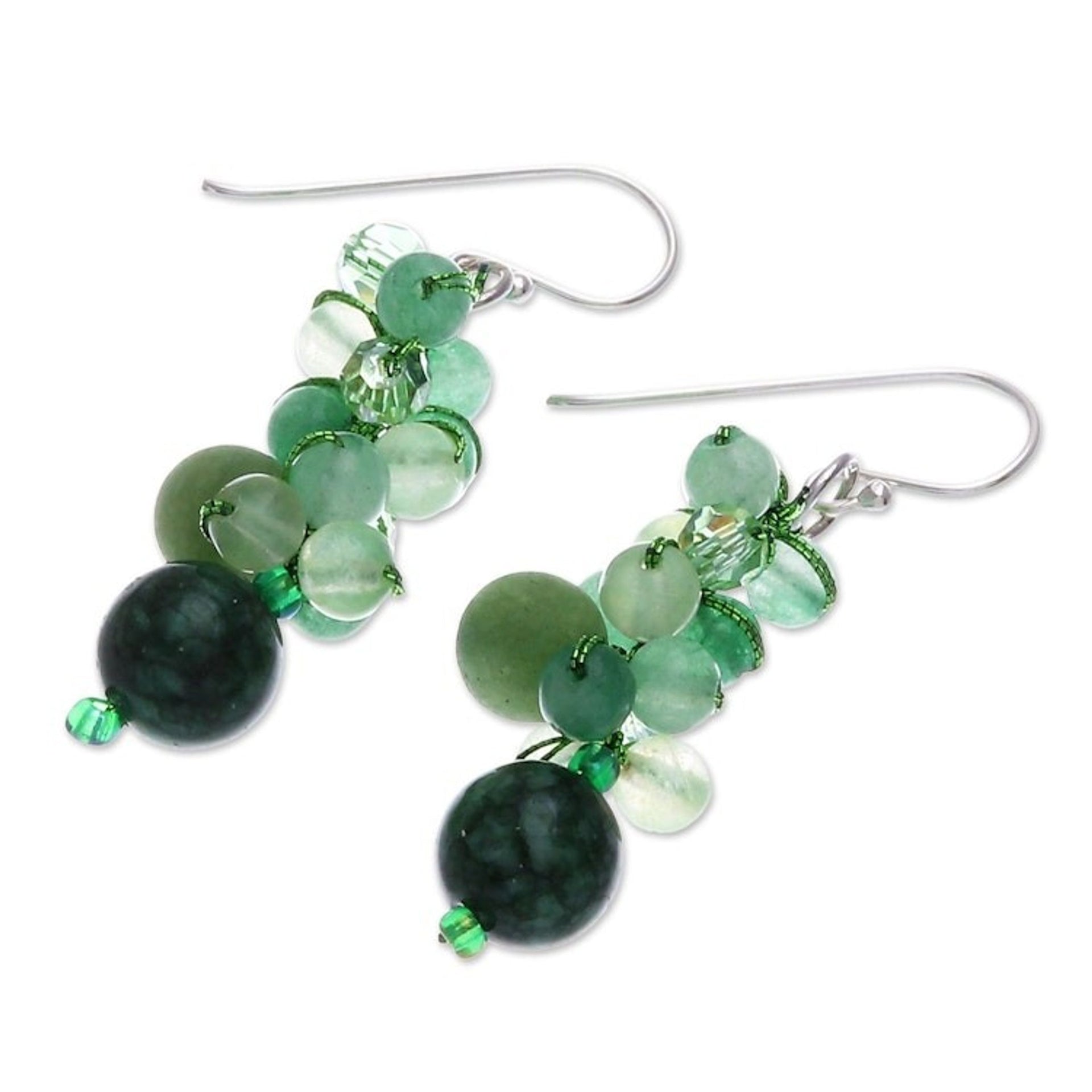 Green Quartz and Glass Bead Dangle Earrings 'Bubble Tea in Green'