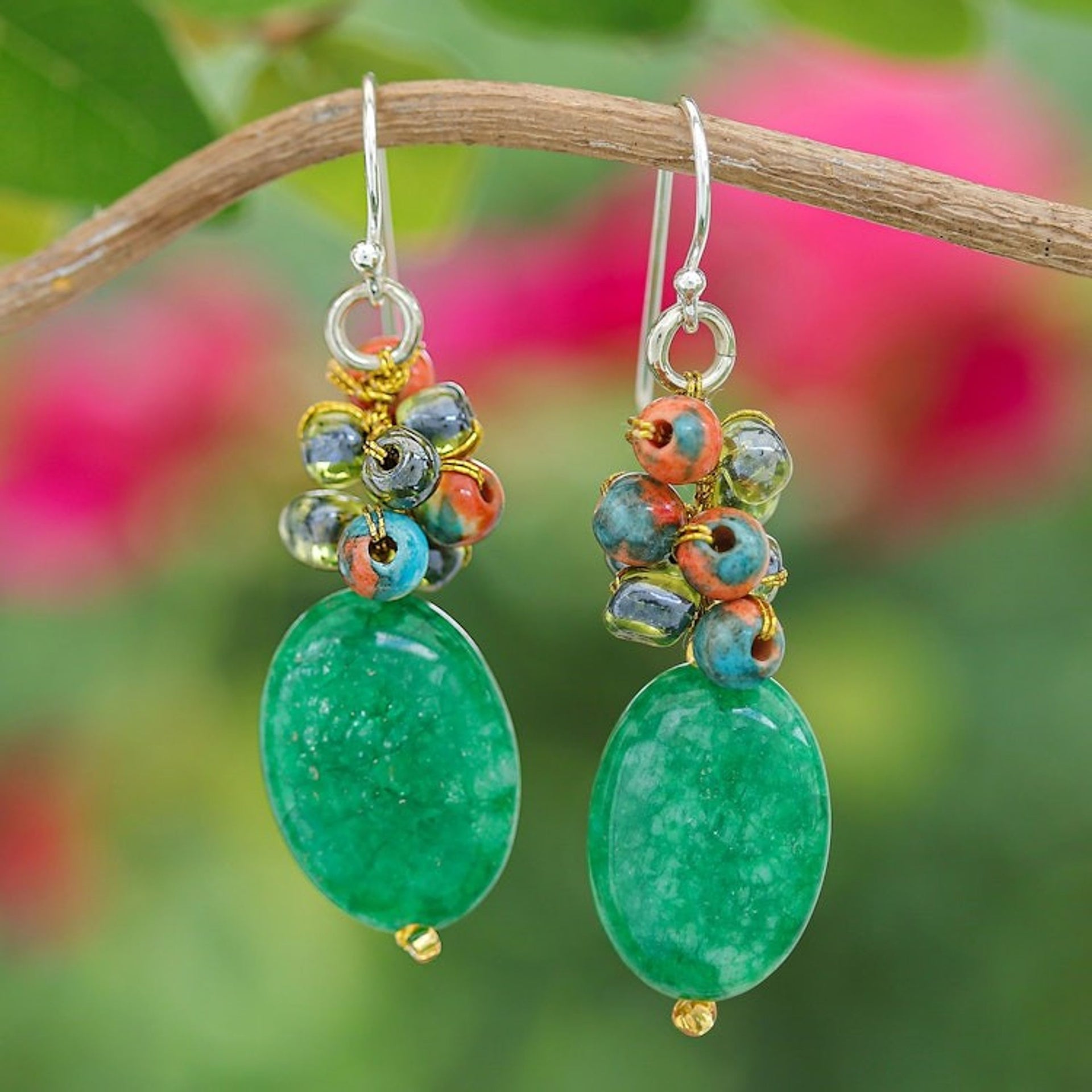 Green Quartz Glass and Resin Beaded Cluster Earrings 'Glamorous Green'