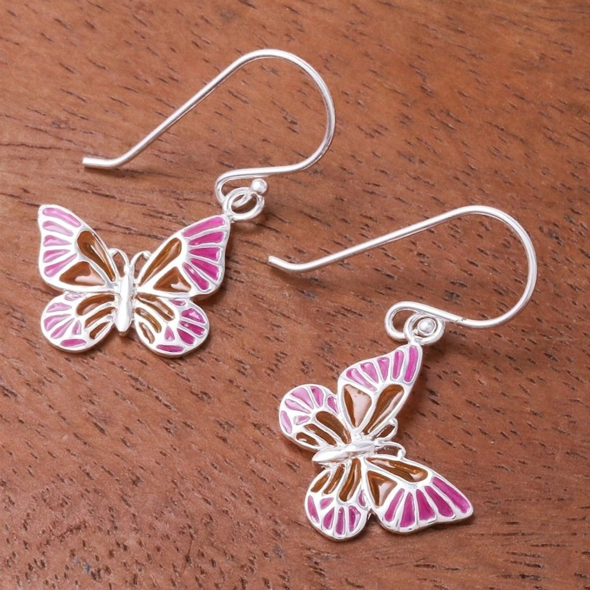 Pink and Yellow Sterling Silver Butterfly Dangle Earrings 'Sweet Butterflies'