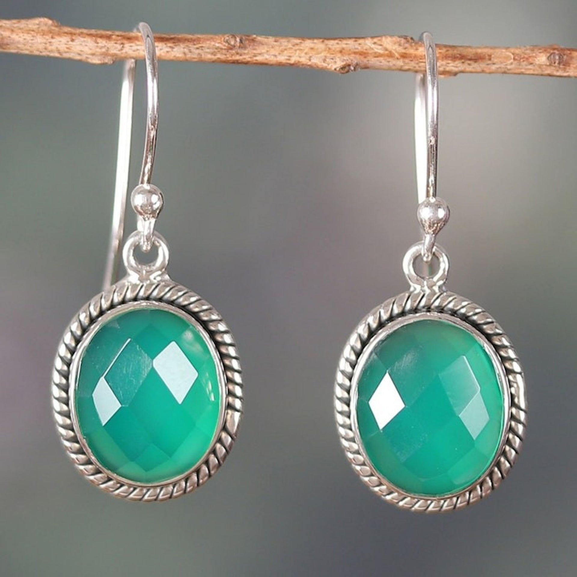 Ten-Carat Checkerboard Green Onyx Dangle Earrings from India 'Abundance Call'