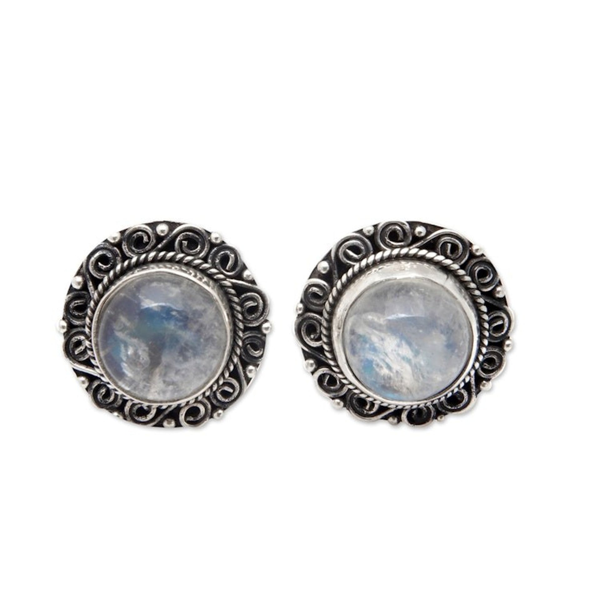 Balinese Floral Natural Rainbow Moonstone Button Earrings 'Harmonious Balinese'