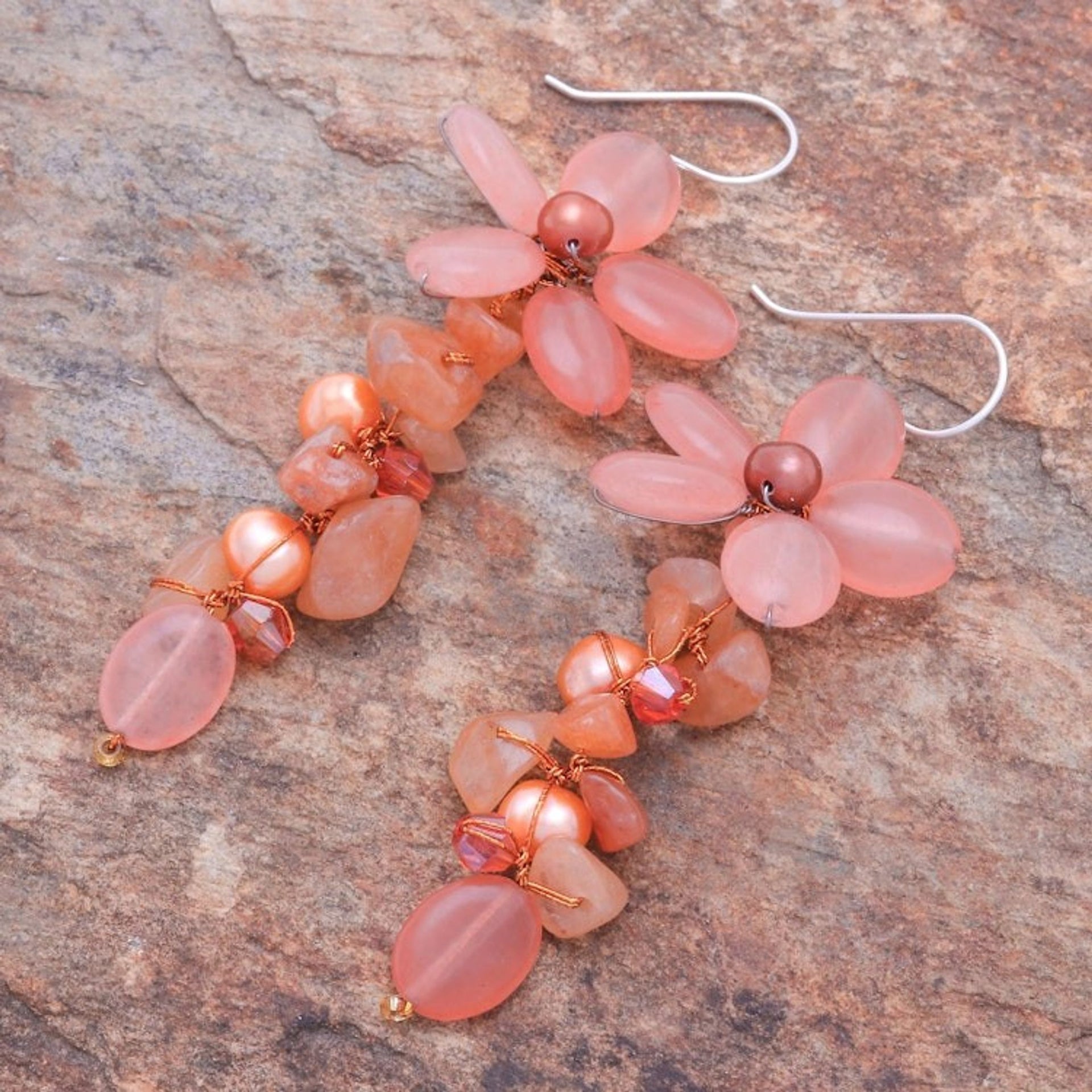 Aventurine and Cultured Pearl Floral Earrings 'Petal Passion in Orange'