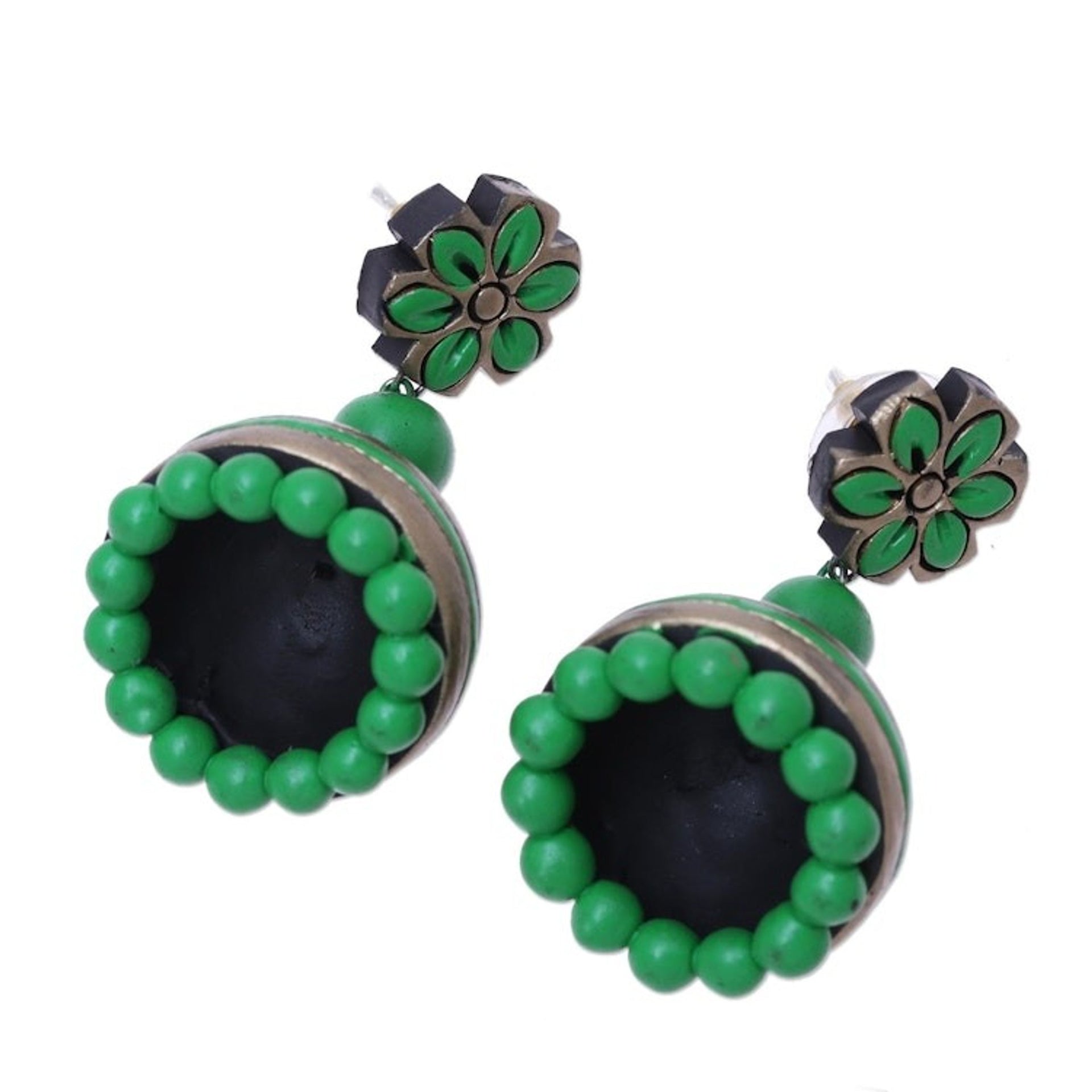 Ceramic Dangle Earrings with Green Floral Motifs from India 'Green Garden'