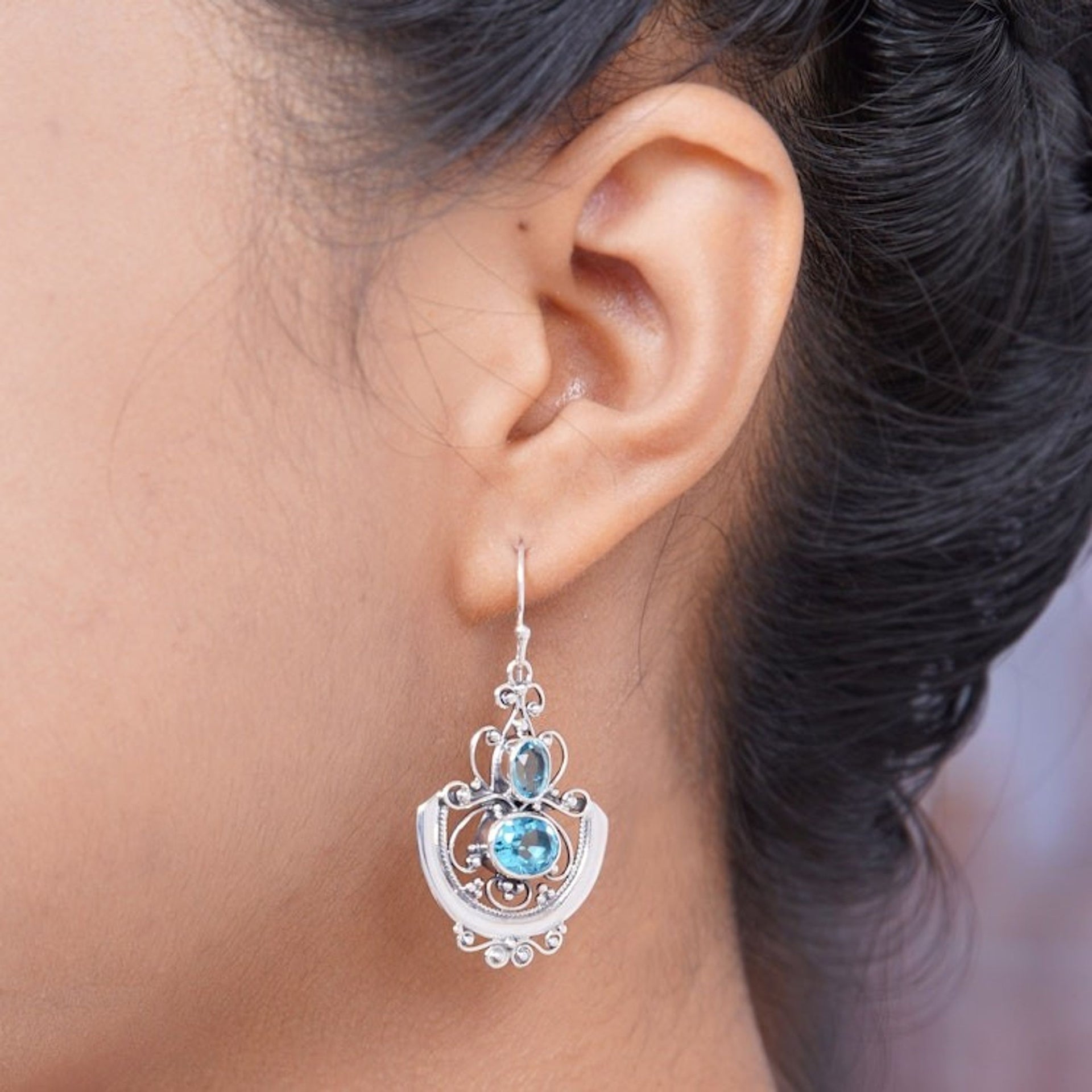 Handcrafted Blue Topaz and Silver Dangle Earrings 'Balinese Goddess'
