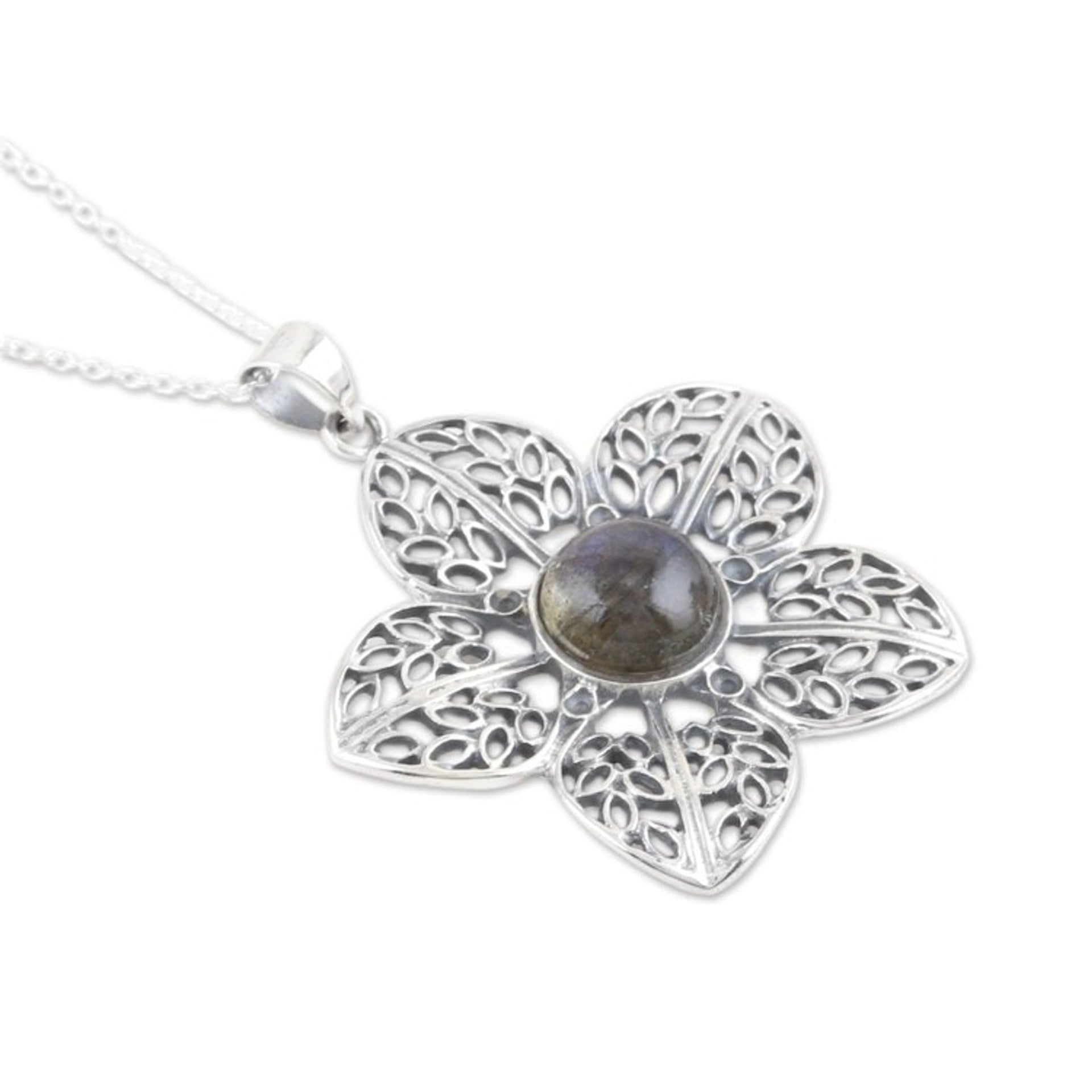 Sterling Silver Flower Pendant Necklace with Labradorite 'Floral Attraction'
