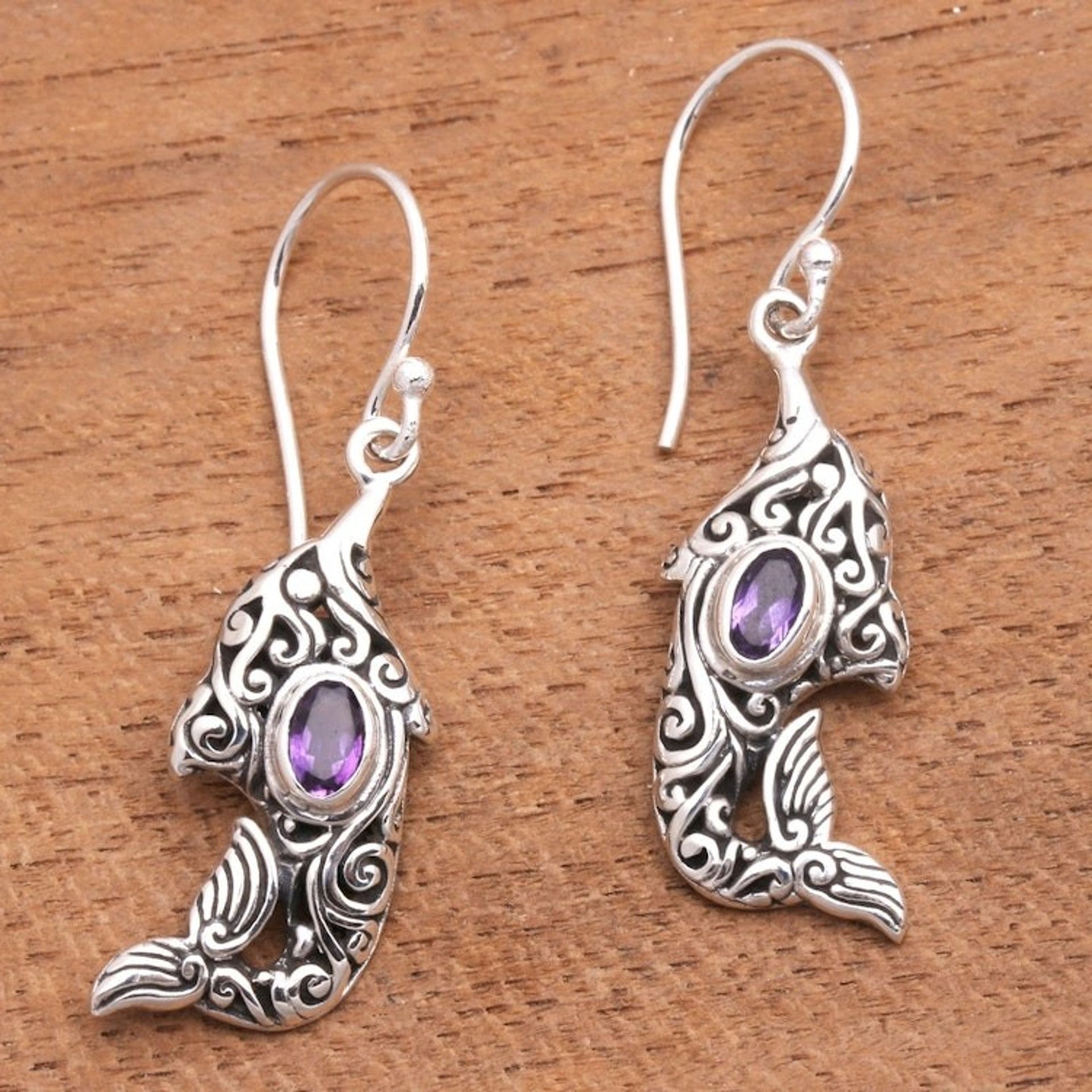 Amethyst and Sterling Silver Balinese Dolphin Earrings 'Purple Dolphin'