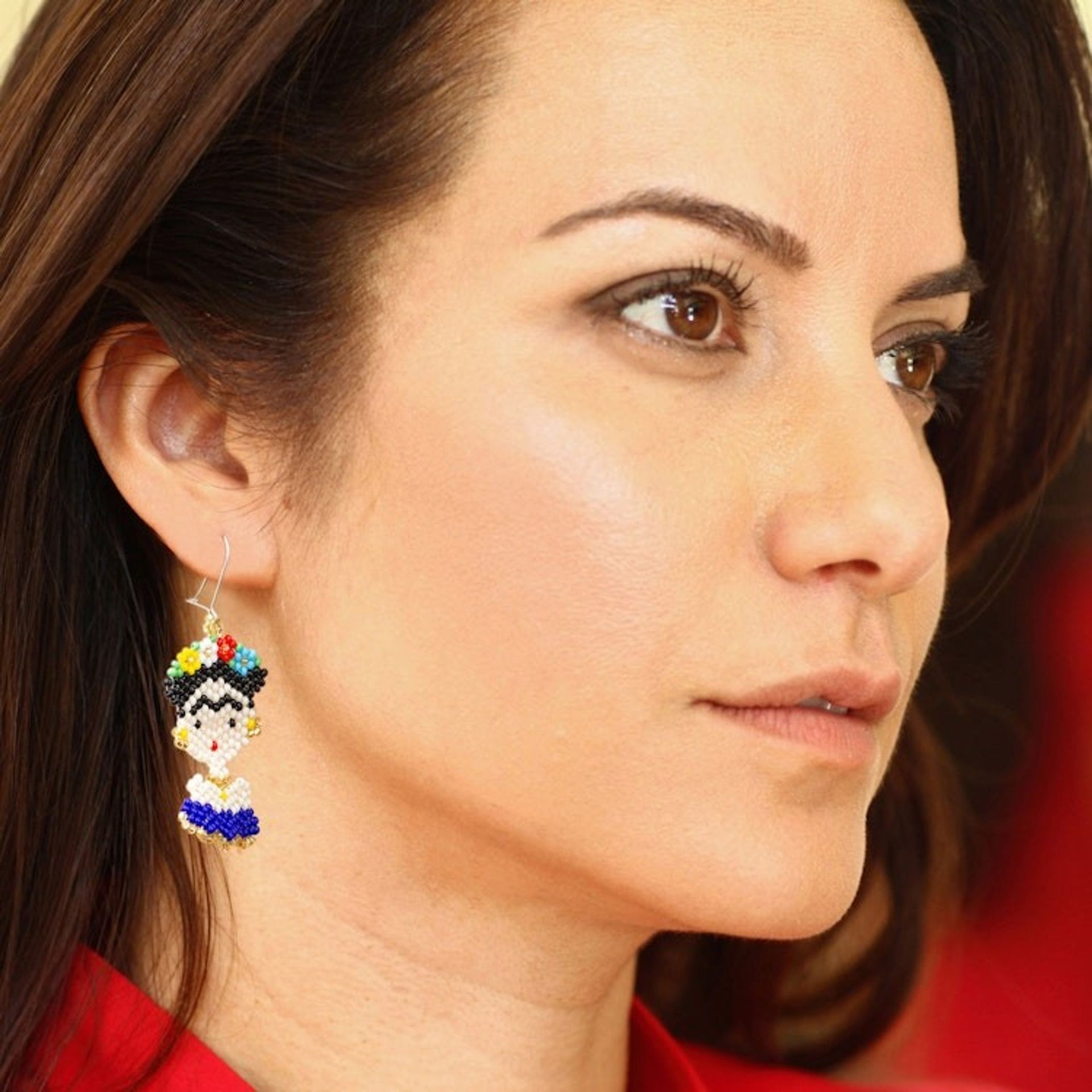 Glass Beaded Frida Dangle Earrings in Blue from Mexico 'Blue Frida'