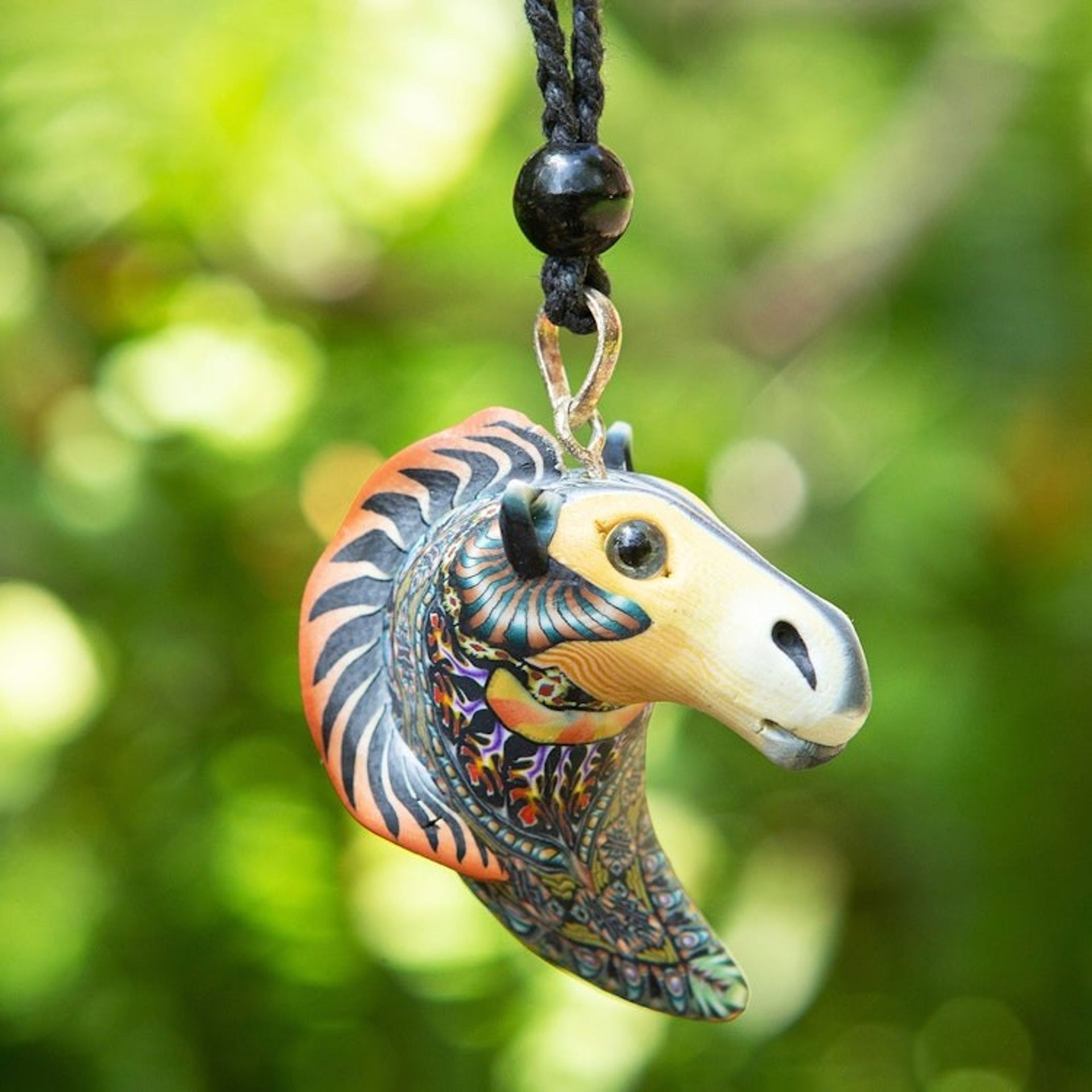 Artisan Handmade Polymer Clay Horse Pendant Necklace 'Laughing Horse'