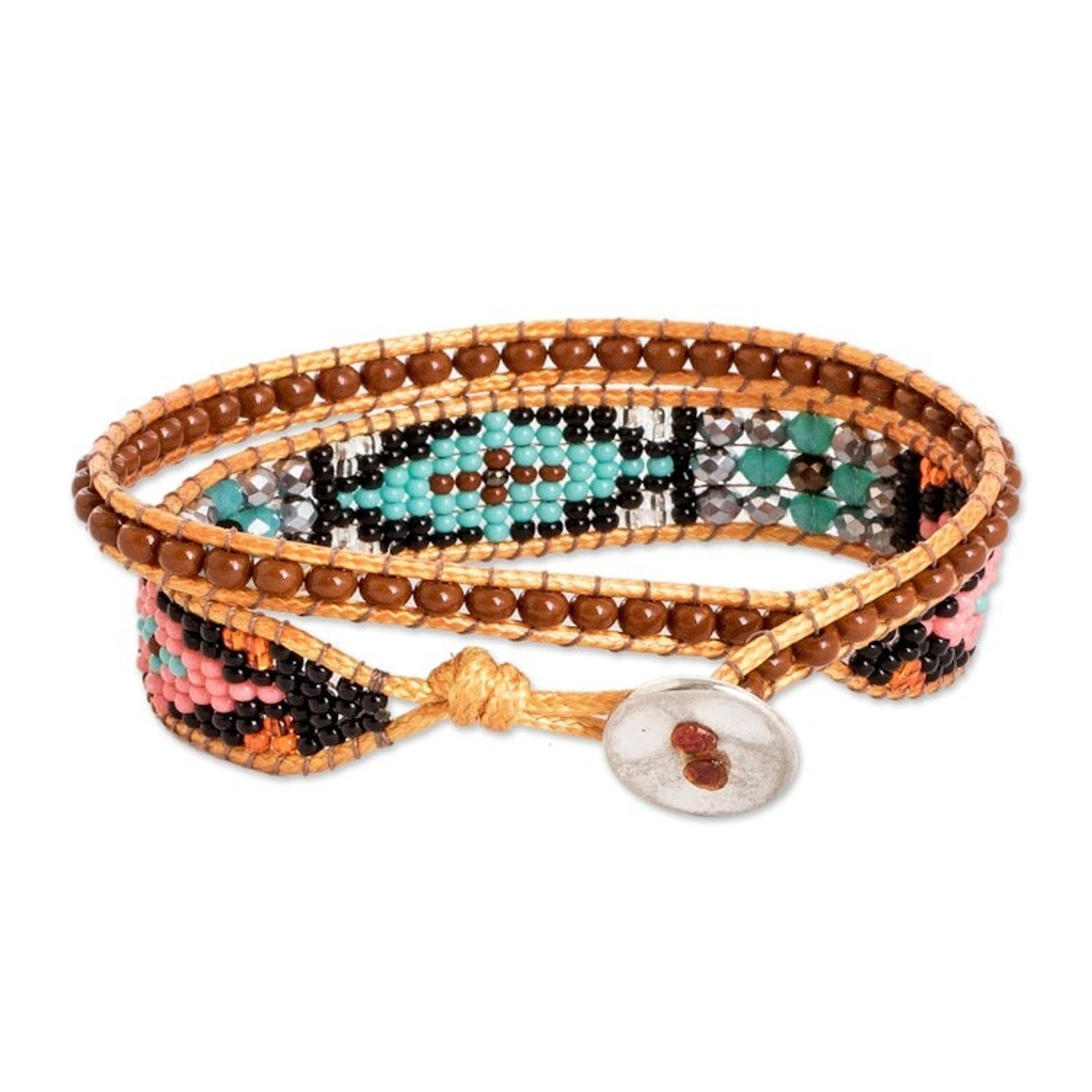 Handwoven Beaded Brown Wrap Bracelet with Geometric Motifs 'Geometric Spark'