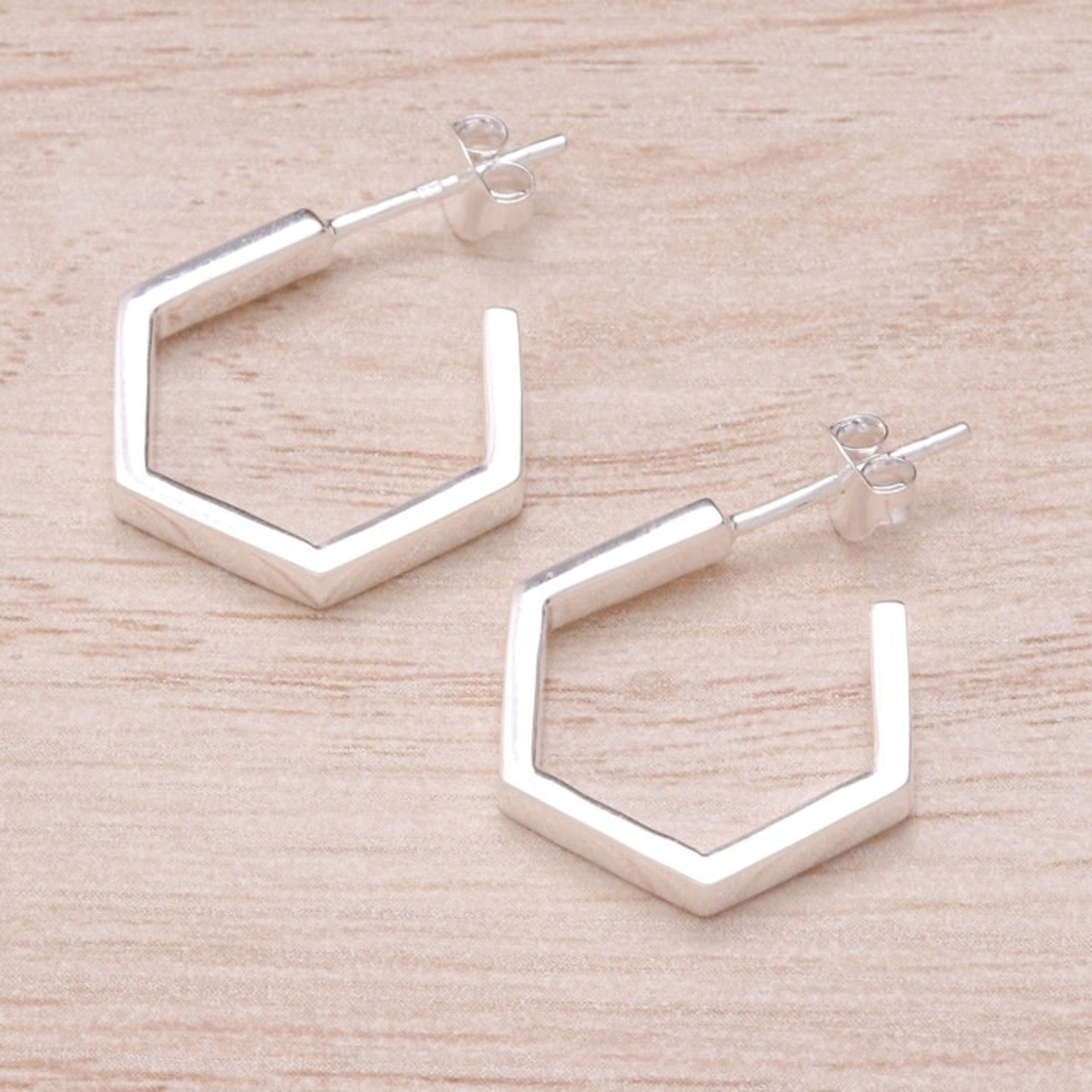 Modern Pentagon-Shaped Sterling Silver Half-Hoop Earrings 'Pentagon of Etherealness'