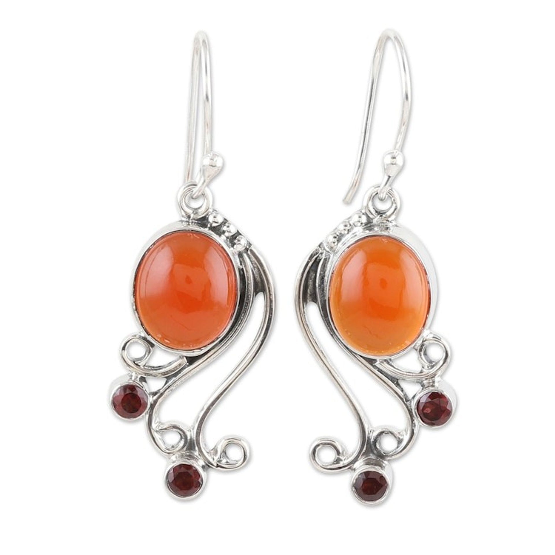Sterling Silver Dangle Earrings with Carnelian and Garnet 'Vibrant Swirls'