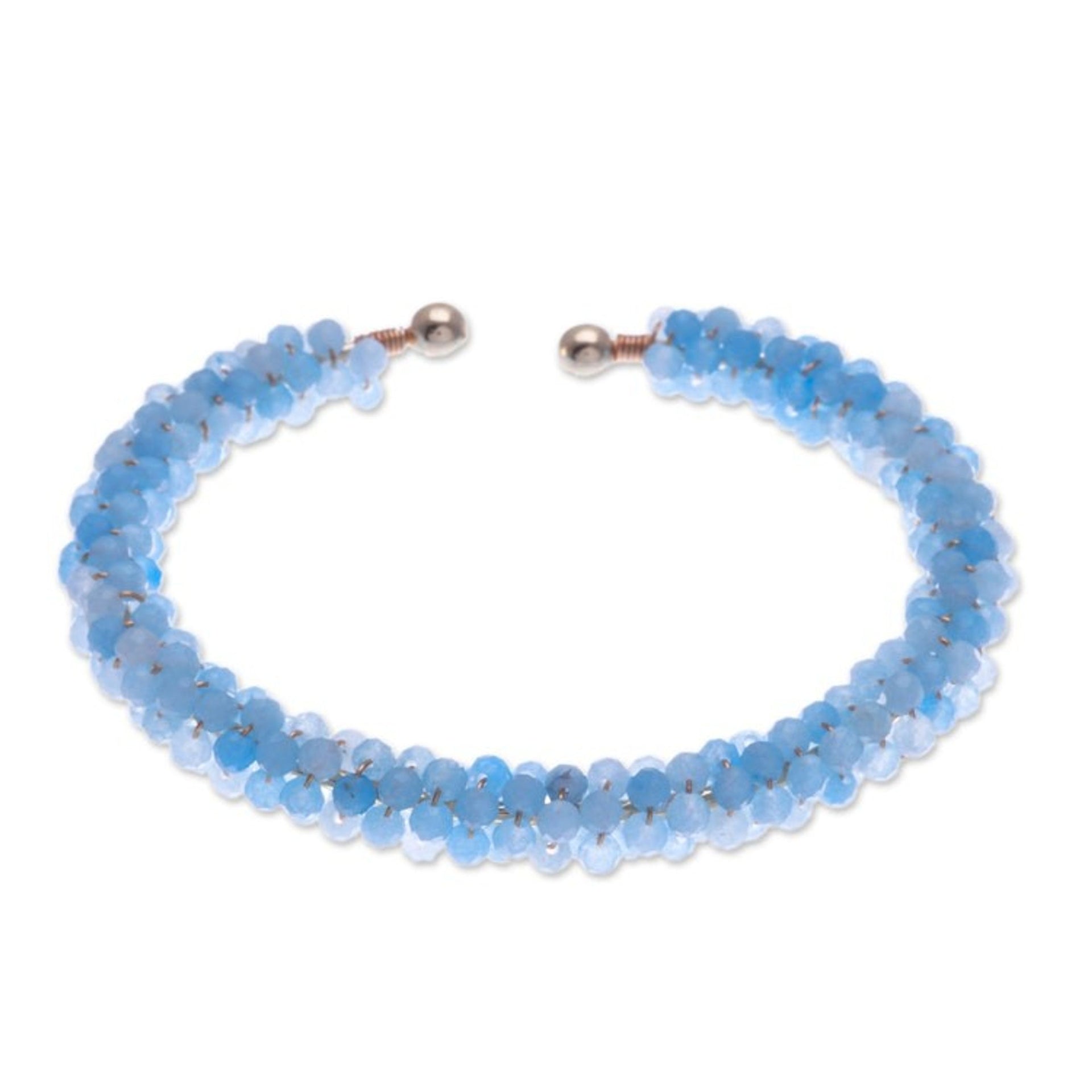 Blue Quartz Brass and Copper Wire Beaded Cuff Bracelet 'Elysian Beauty'