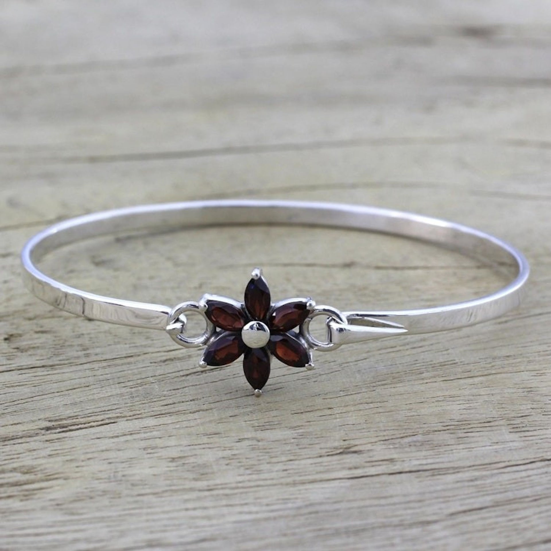 Garnet and Sterling Silver Floral Bracelet from India 'Marquise Flower'
