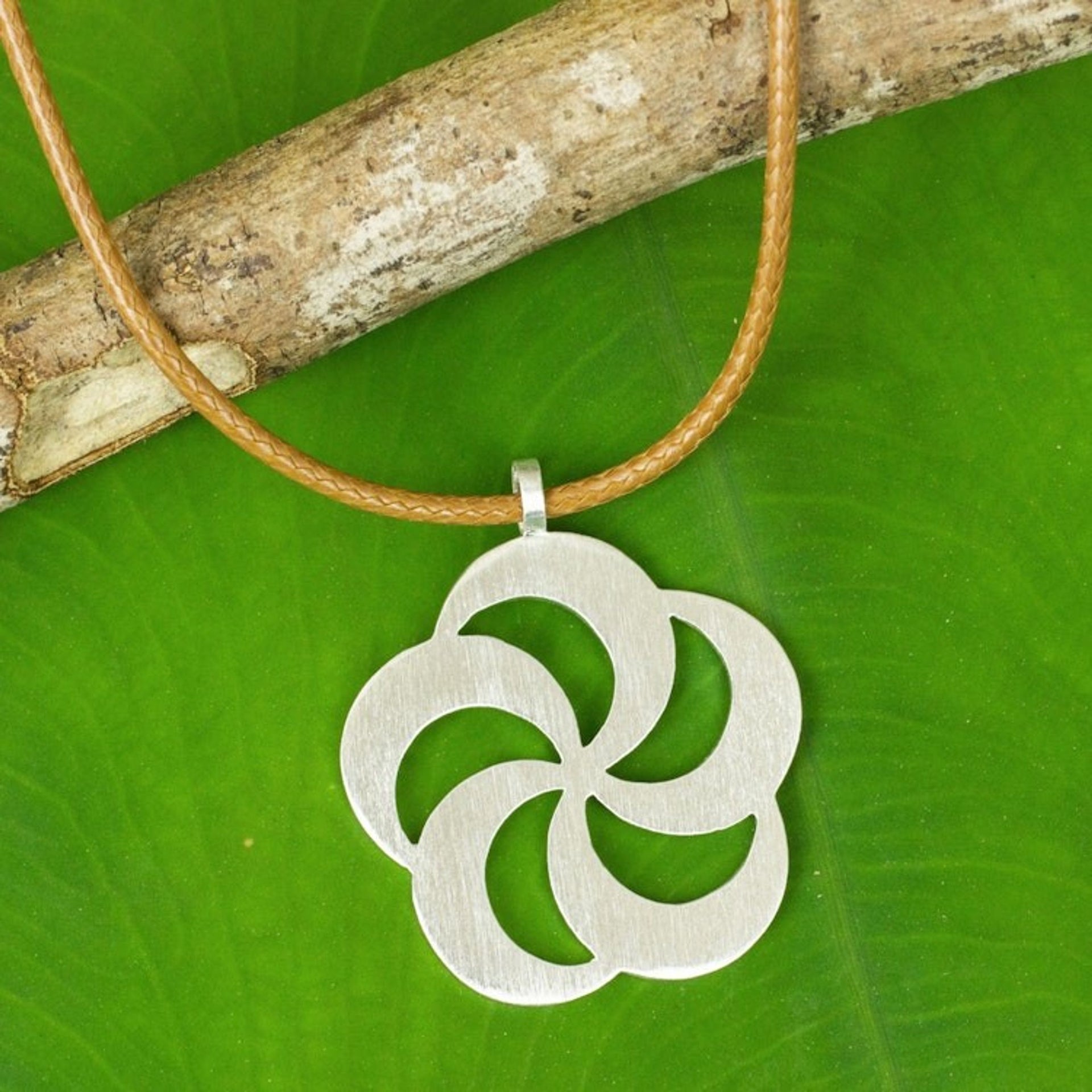 Thai Artisan Crafted Brushed Silver Flower Necklace 'Pinwheel Blossom'