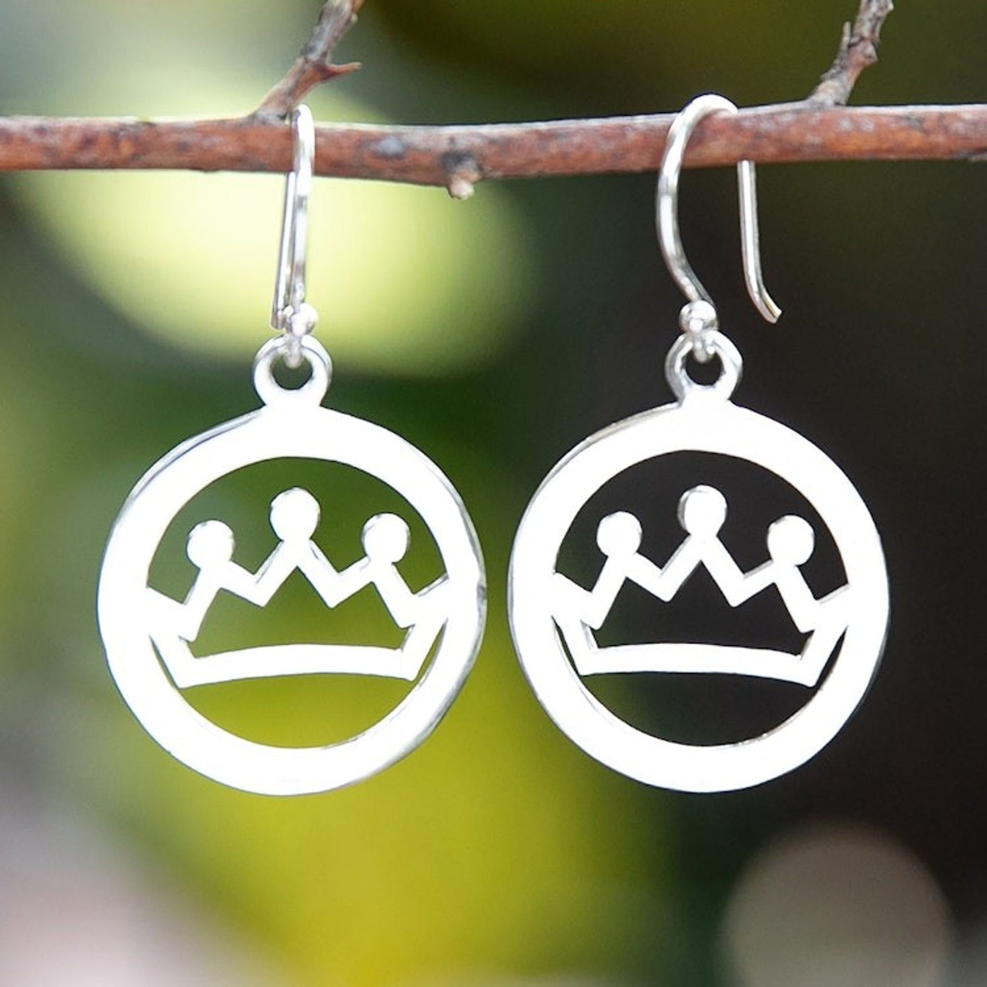 Whimsical Crown-Themed Round Sterling Silver Dangle Earrings 'Majestic You'
