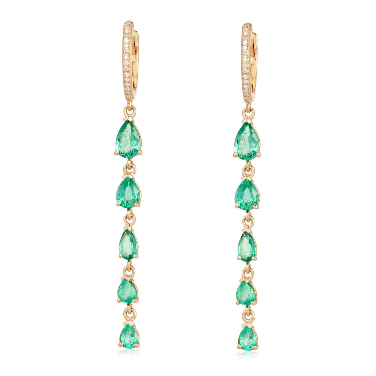 Gold Emerald Pear Five Drop Hoop Earrings