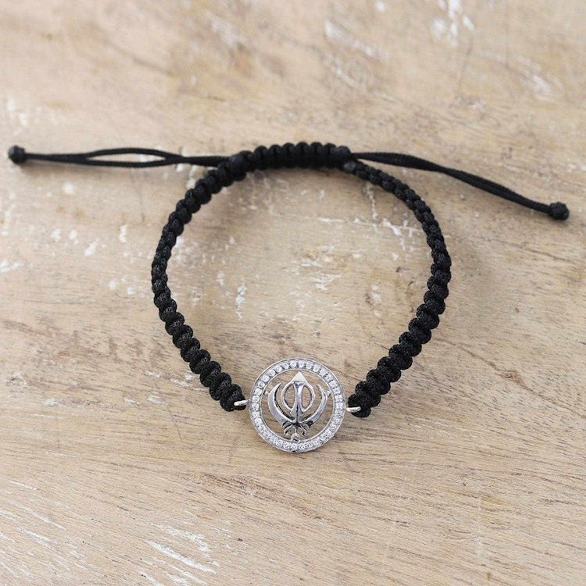Black Macrame Cord Bracelet with Khanda Pendant and Gems 'Bonds of Knowledge'