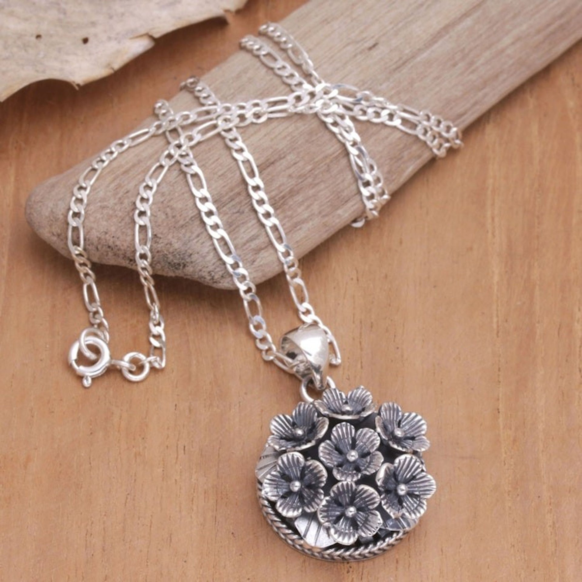 Balinese Sterling Silver Pendant Necklace with Floral Motifs 'Flowers for Canang'