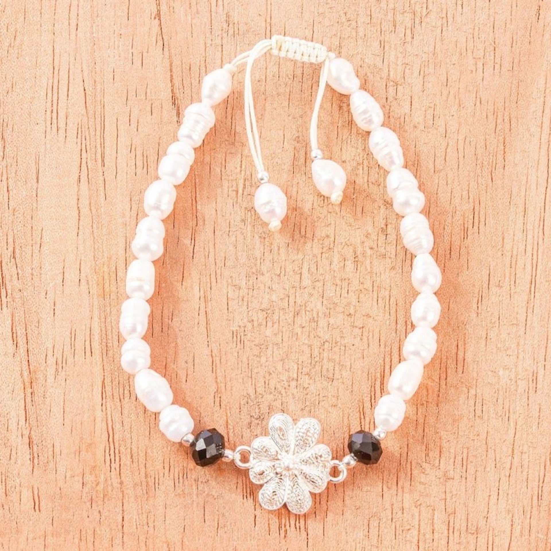 Cultured Pearl and Sterling Silver Filigree Flower Bracelet 'River Flower'