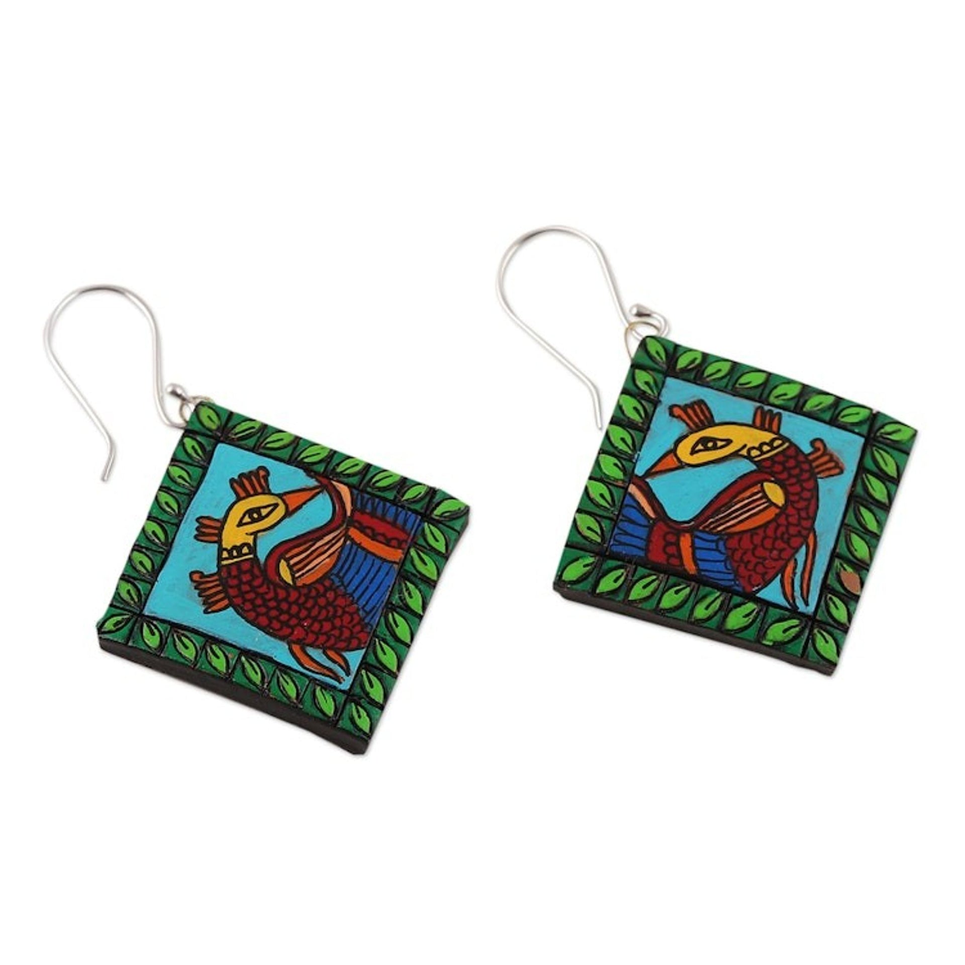 Diamond-Shaped Peacock Green Ceramic Dangle Earrings 'Kalamkari Peacock'