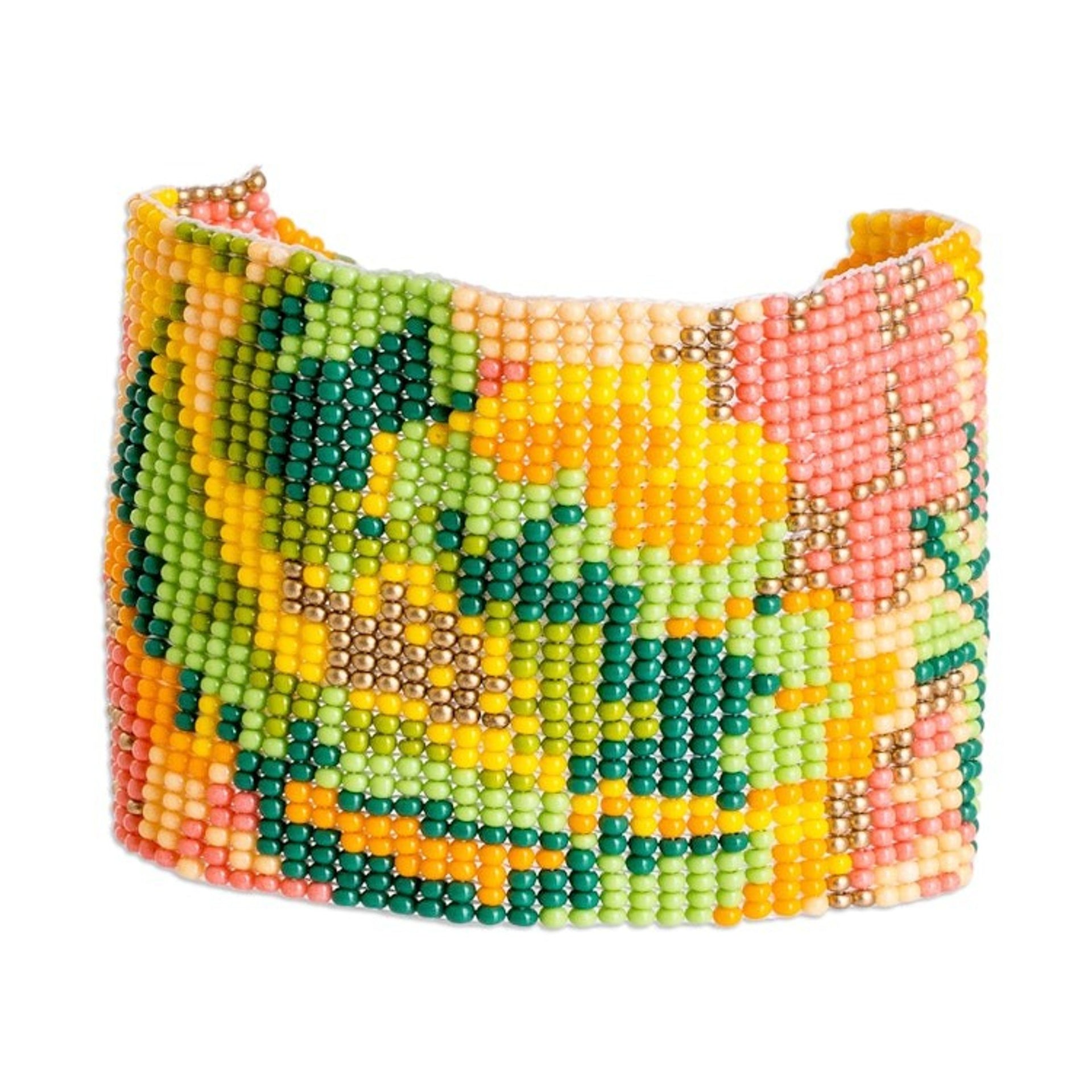 Adjustable Orange and Green Glass Beaded Wristband Bracelet 'Tropical Winds'