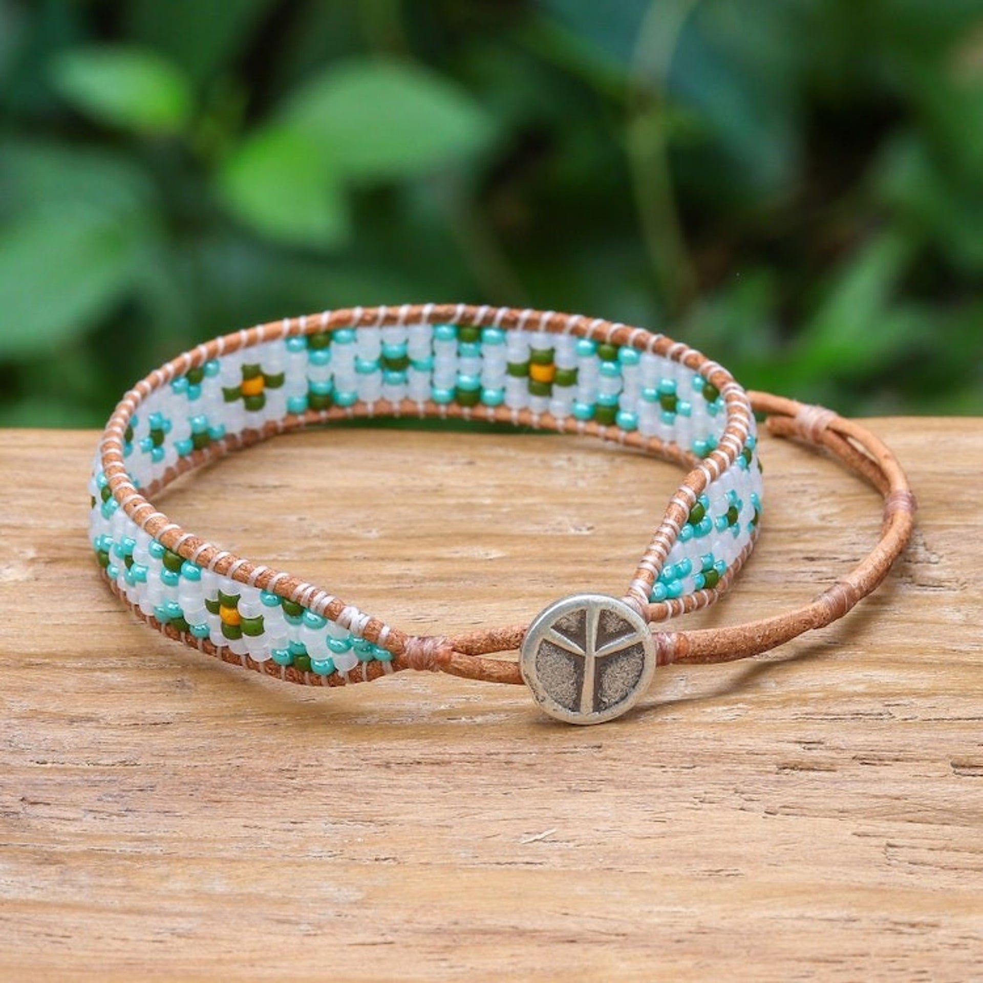 Turquoise Glass Bead and Brown Leather Wristband Bracelet 'Peace at the Shore'
