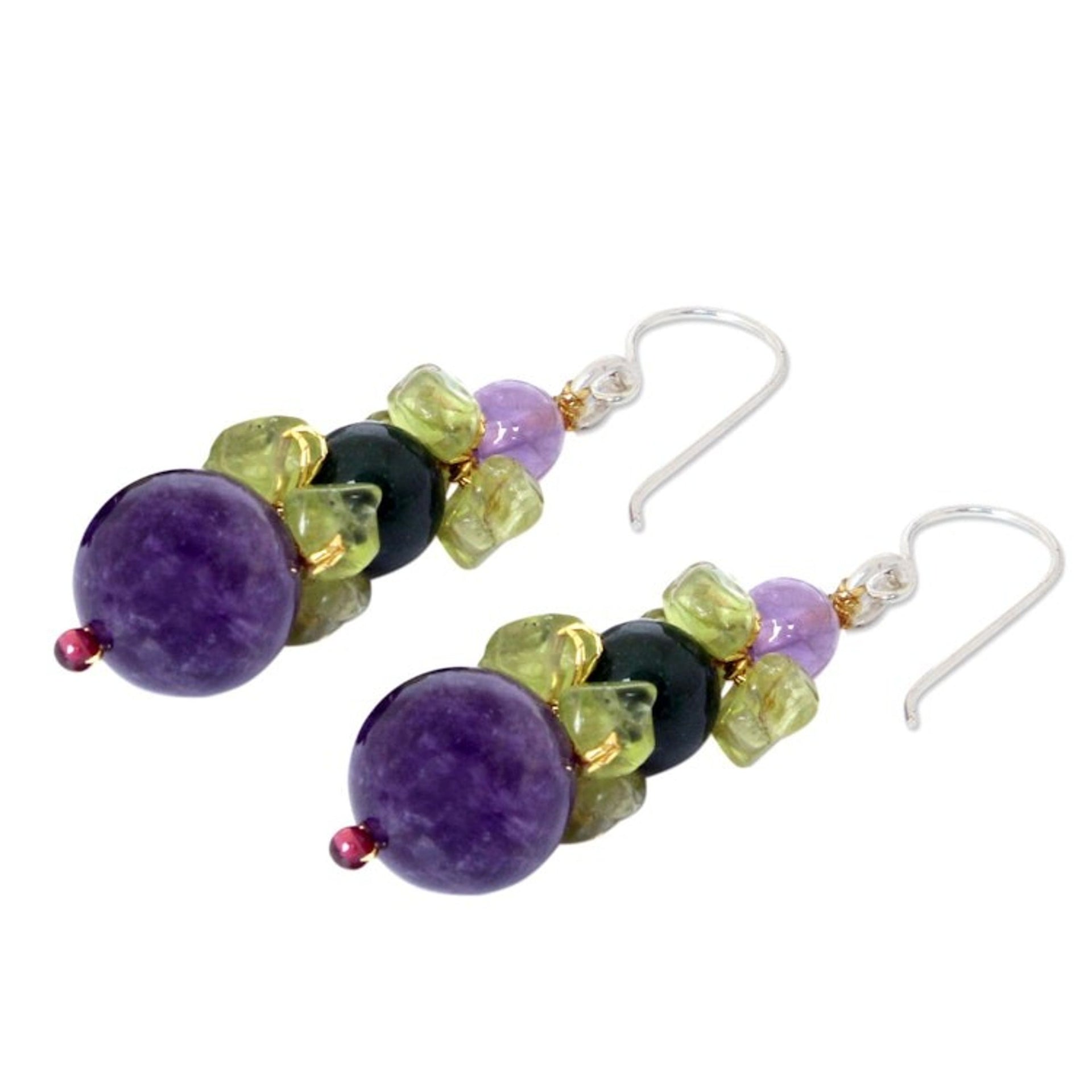 Amethyst and Quartz Dangle Earrings 'Thai Harmony'