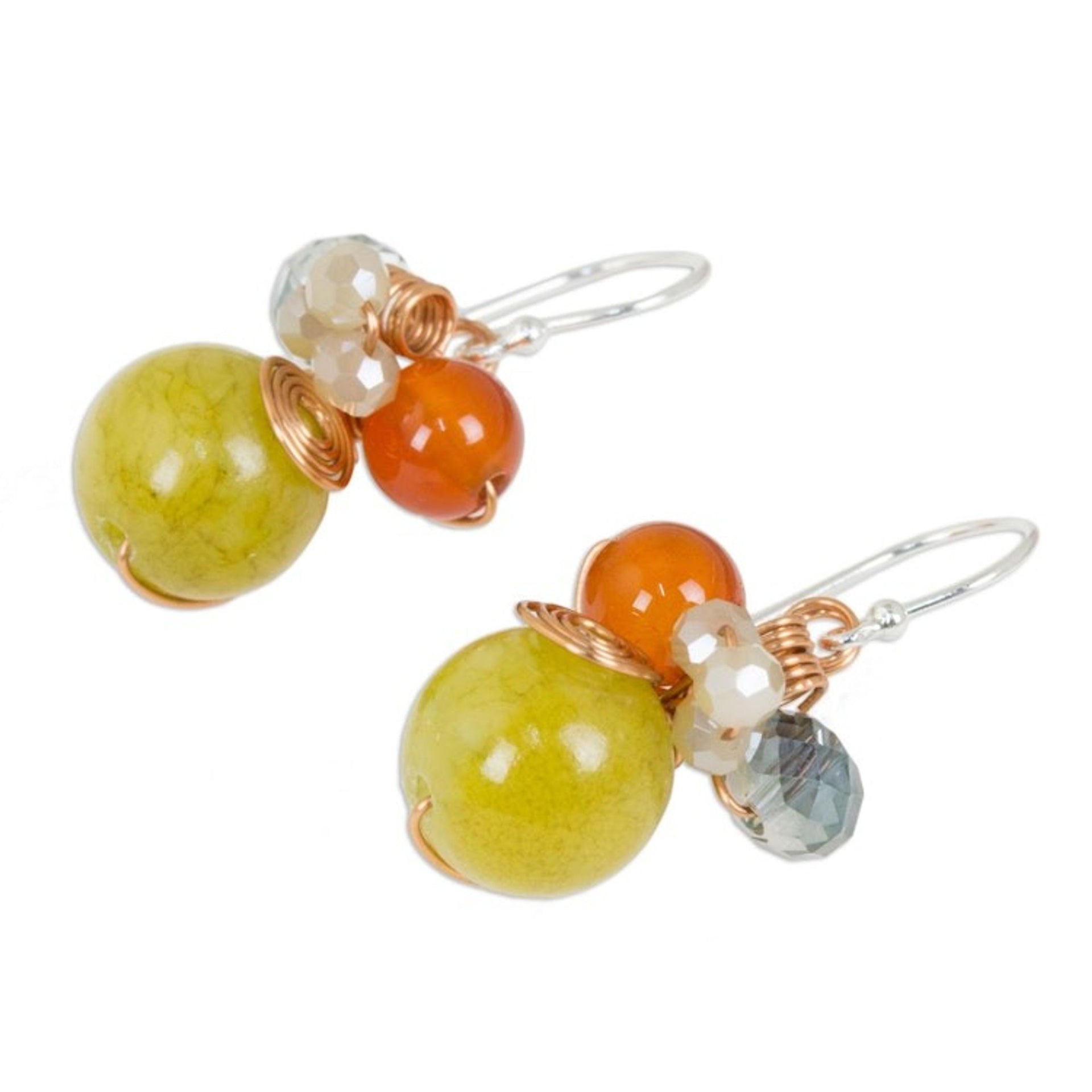 Green Quartz and Carnelian Dangle Earrings with Copper 'Citron Bubbles'