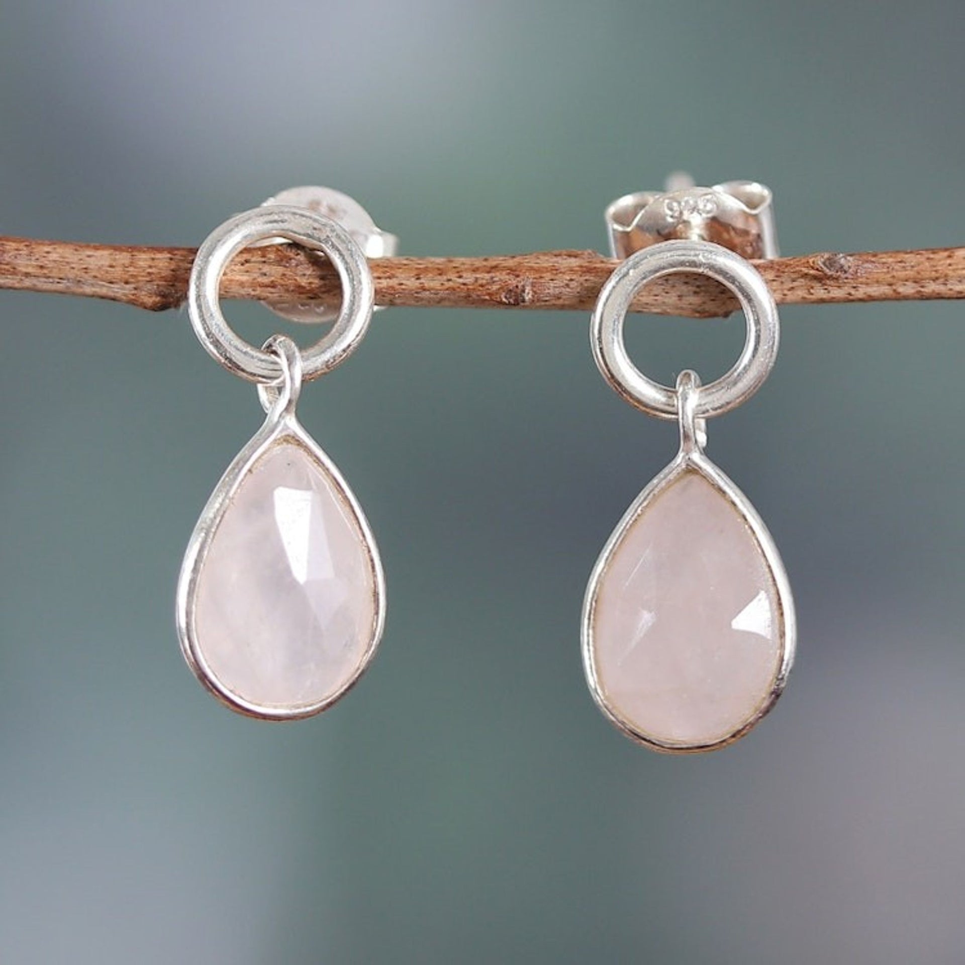 Four-Carat Rose Quartz and Sterling Silver Dangle Earrings 'Gentle Rain'