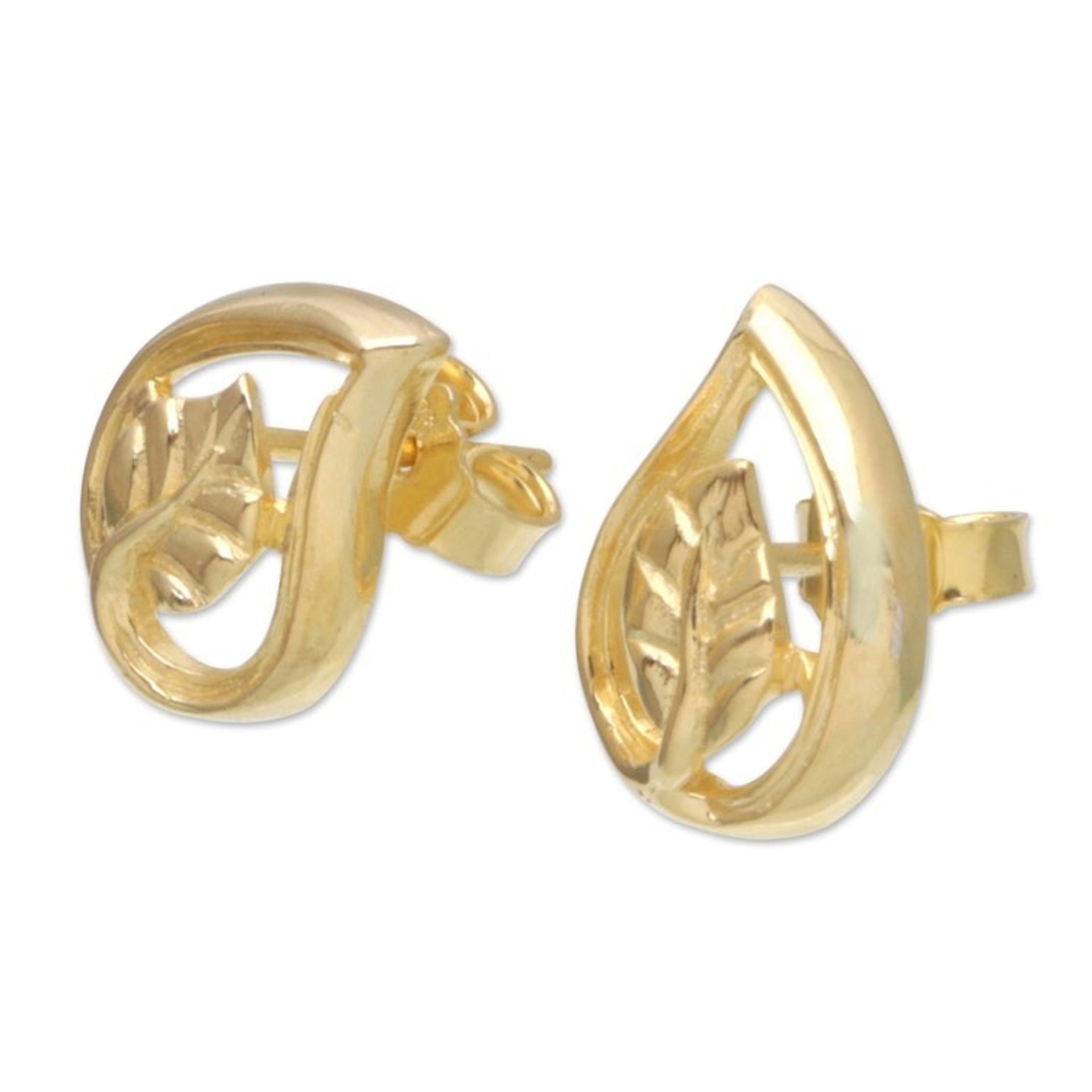 18k Gold-Plated Button Earrings with Leafy Motifs 'Forest Spark'