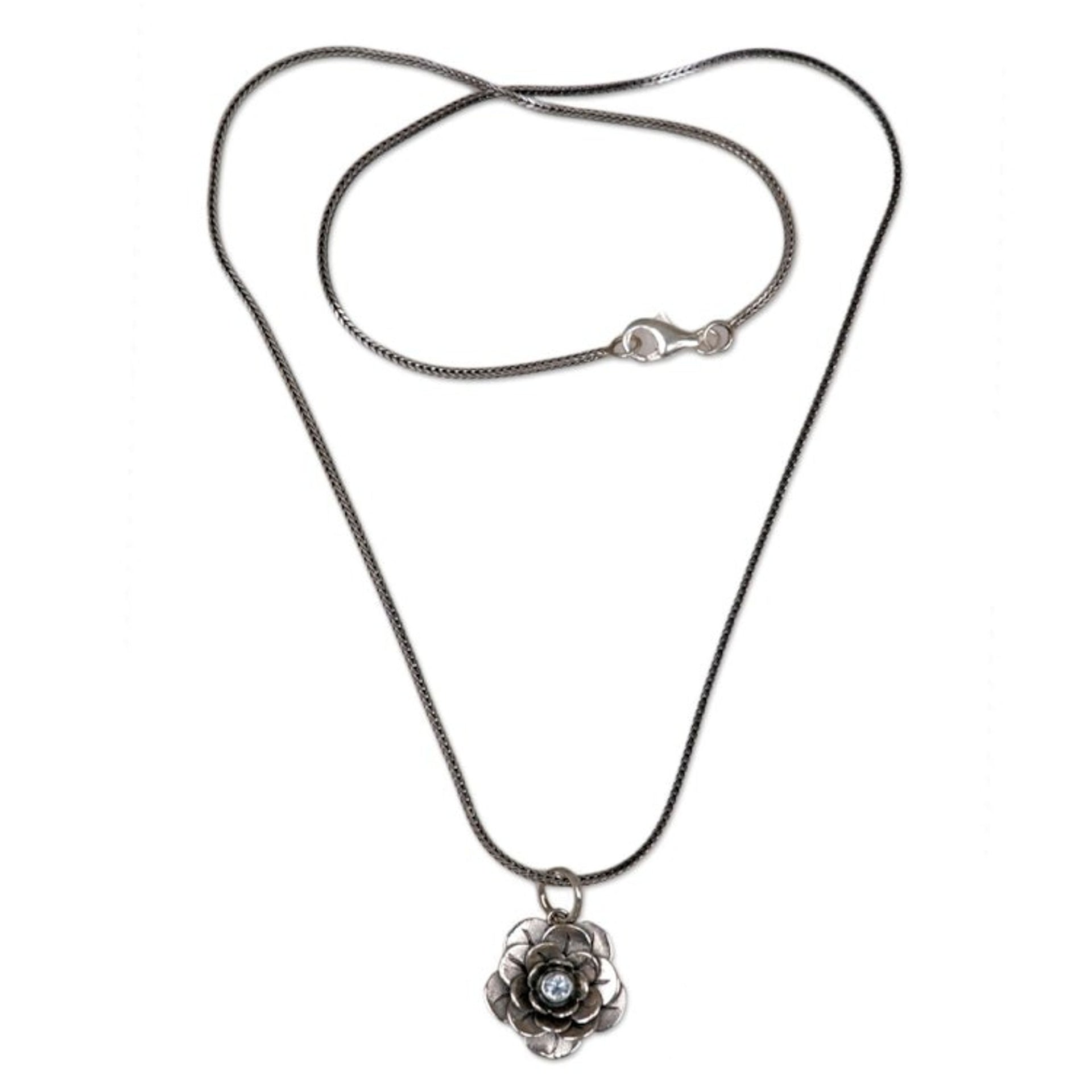Handcrafted Floral Silver and Blue Topaz Necklace 'Holy Lotus'