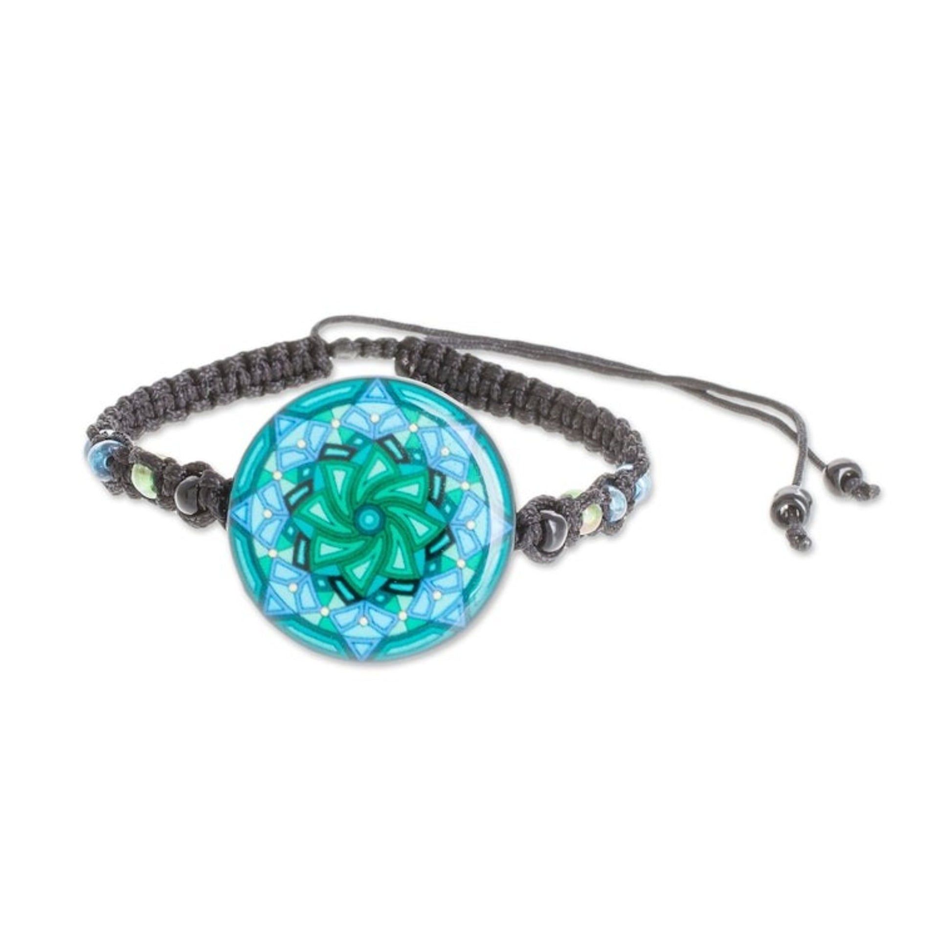 Spiral Motif Glass Beaded Macrame Pendant Bracelet 'Mesmerizing Skies'