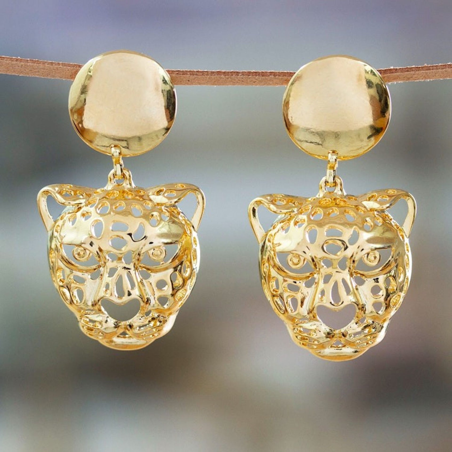 High-Polished Jaguar-Themed 24k Gold-Plated Dangle Earrings 'Divine Jaguar'