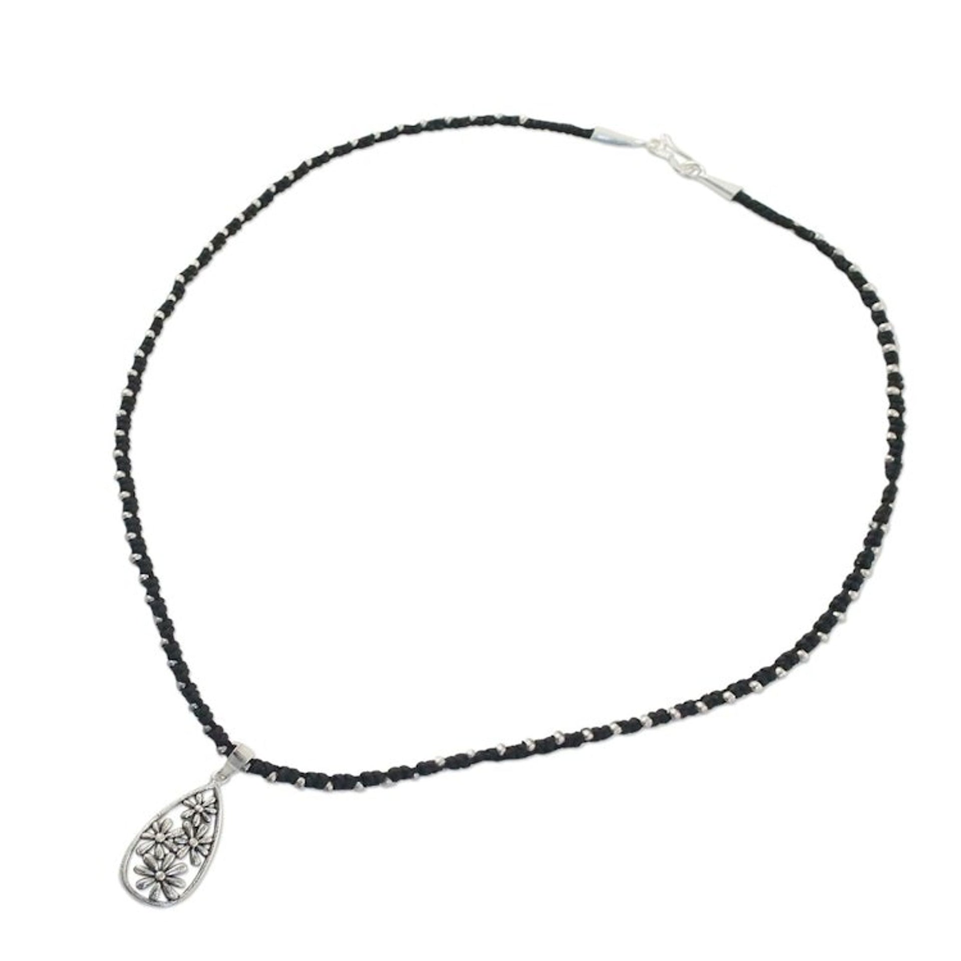 Floral Hill Tribe Silver Pendant Necklace from Thailand 'Floral Hill Tribe Drop'