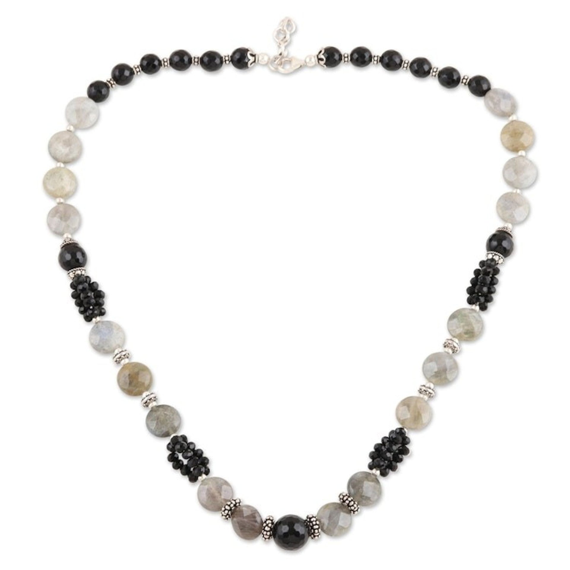 Onyx and labradorite beaded necklace 'Mysterious Moonlight'